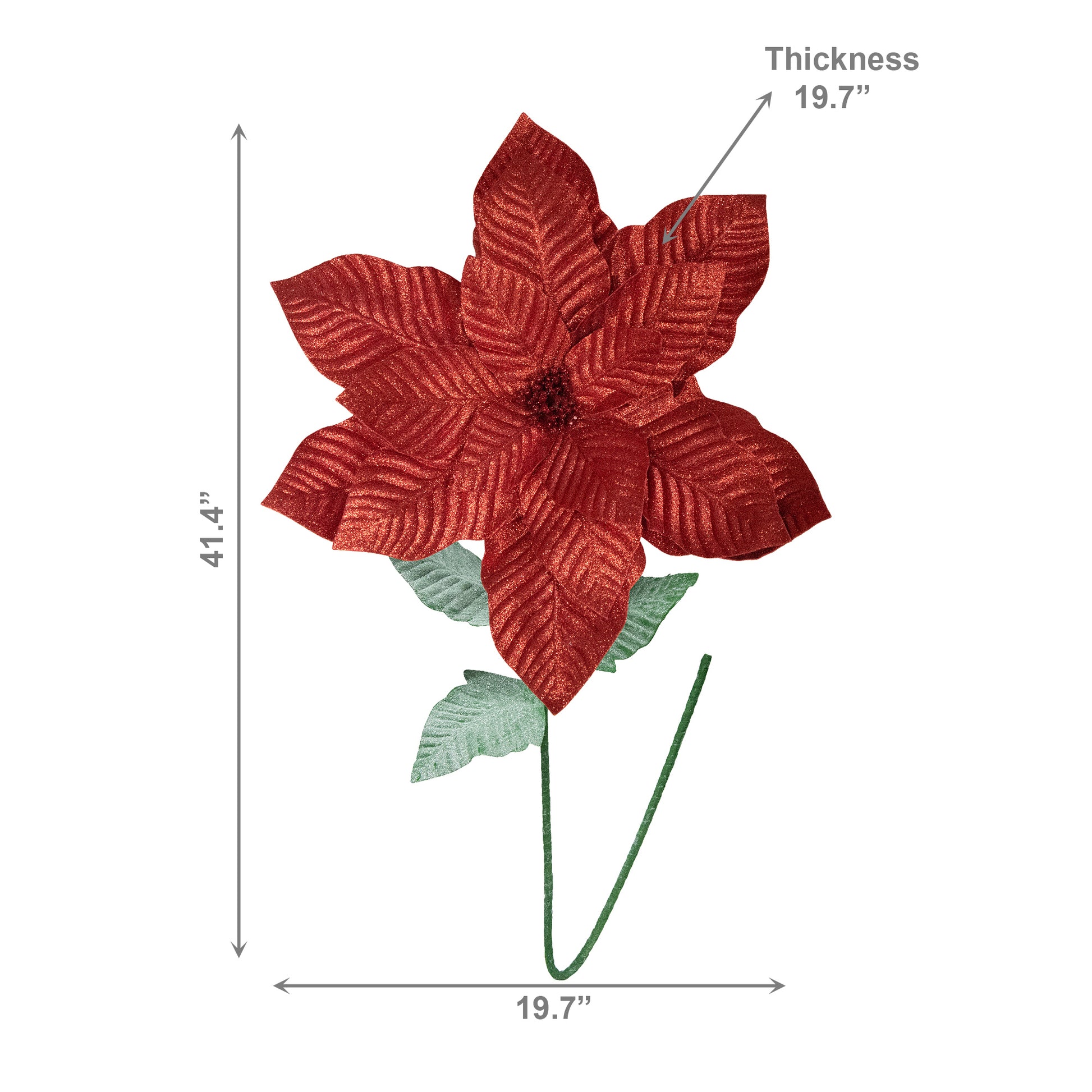 41.5" Glitter Poinsettia with Leaves Stem Red, Christmas, Floral Pick, Holiday Decor