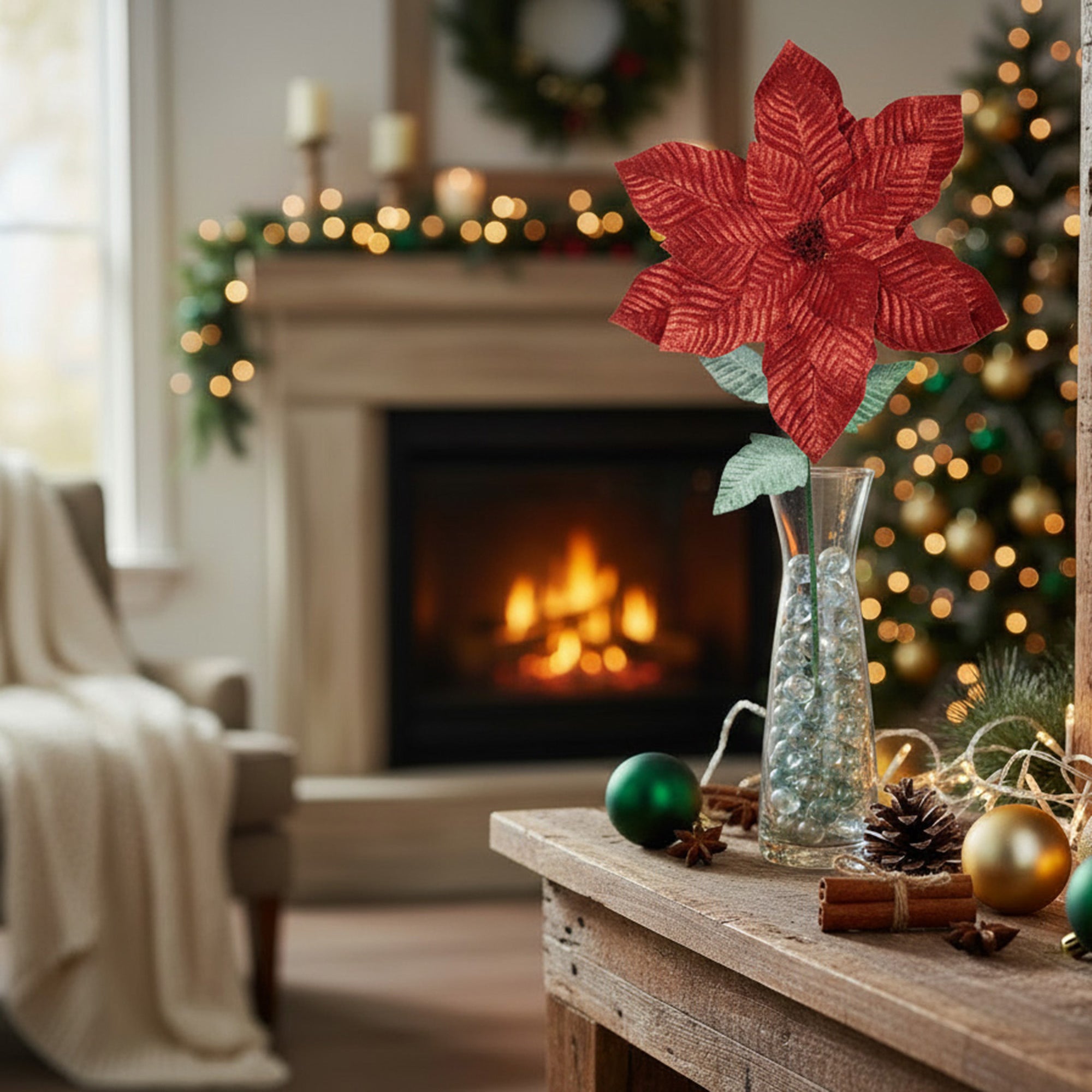 41.5" Glitter Poinsettia with Leaves Stem Red, Christmas, Floral Pick, Holiday Decor
