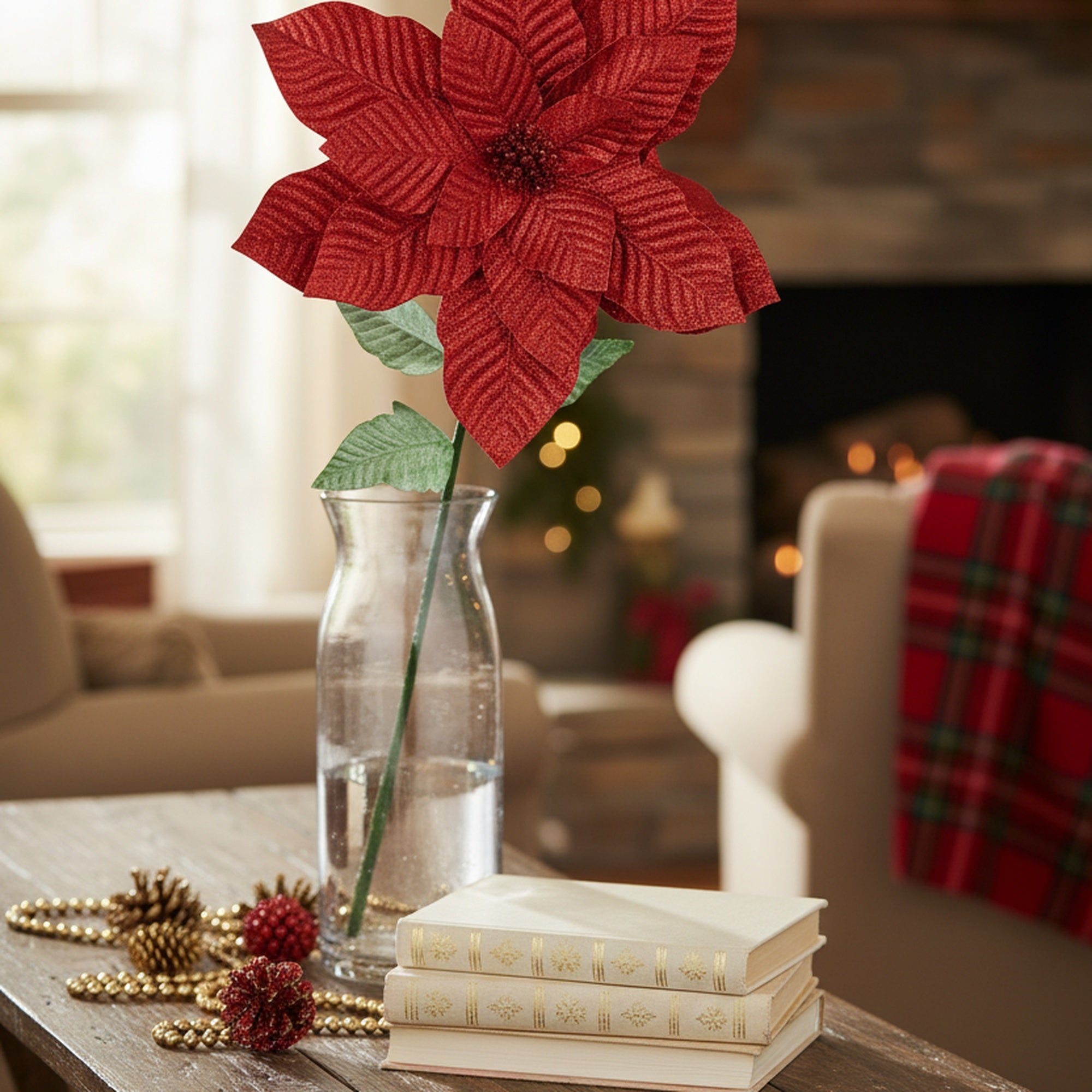 41.5" Glitter Poinsettia with Leaves Stem Red, Christmas, Floral Pick, Holiday Decor