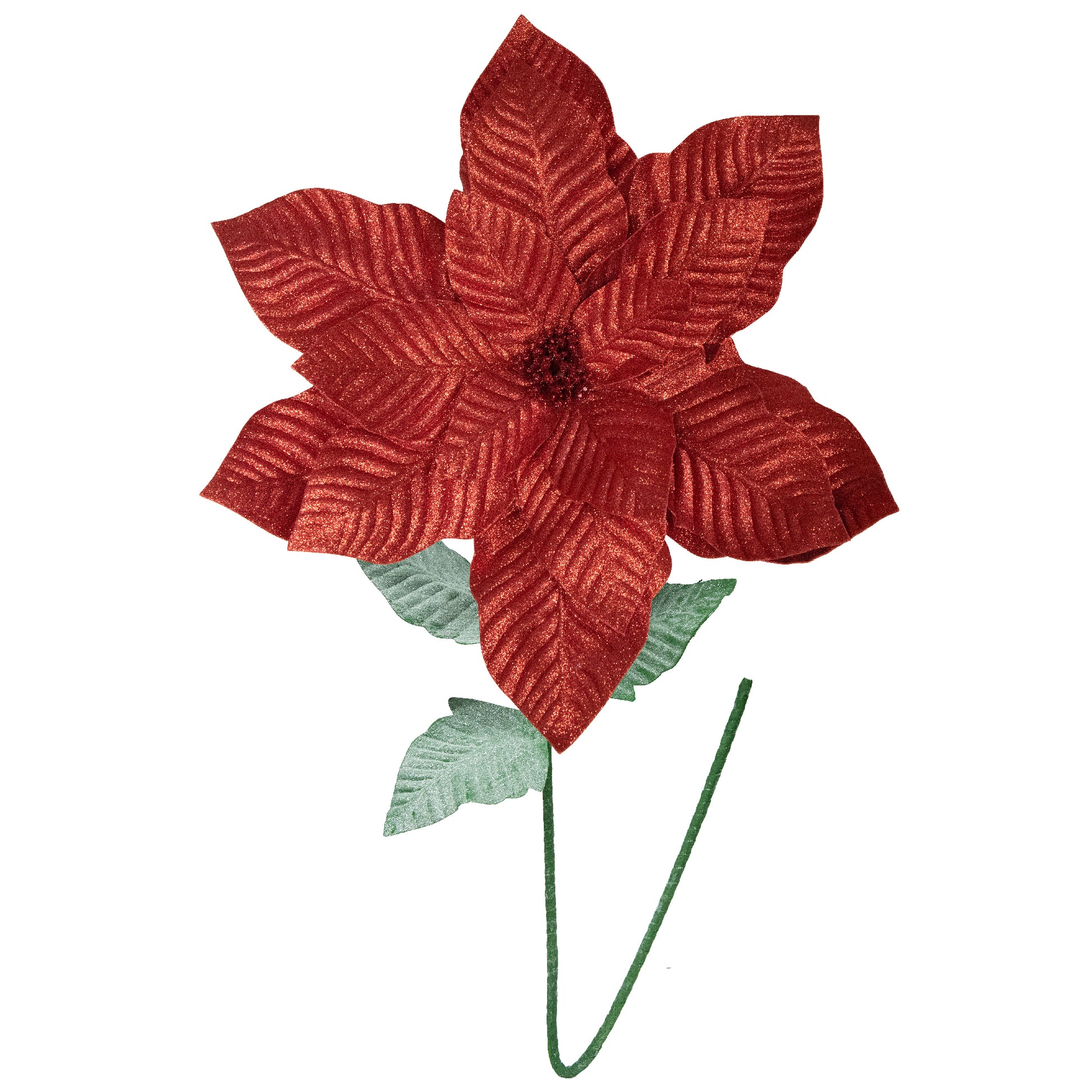 41.5" Glitter Poinsettia with Leaves Stem Red, Christmas, Floral Pick, Holiday Decor