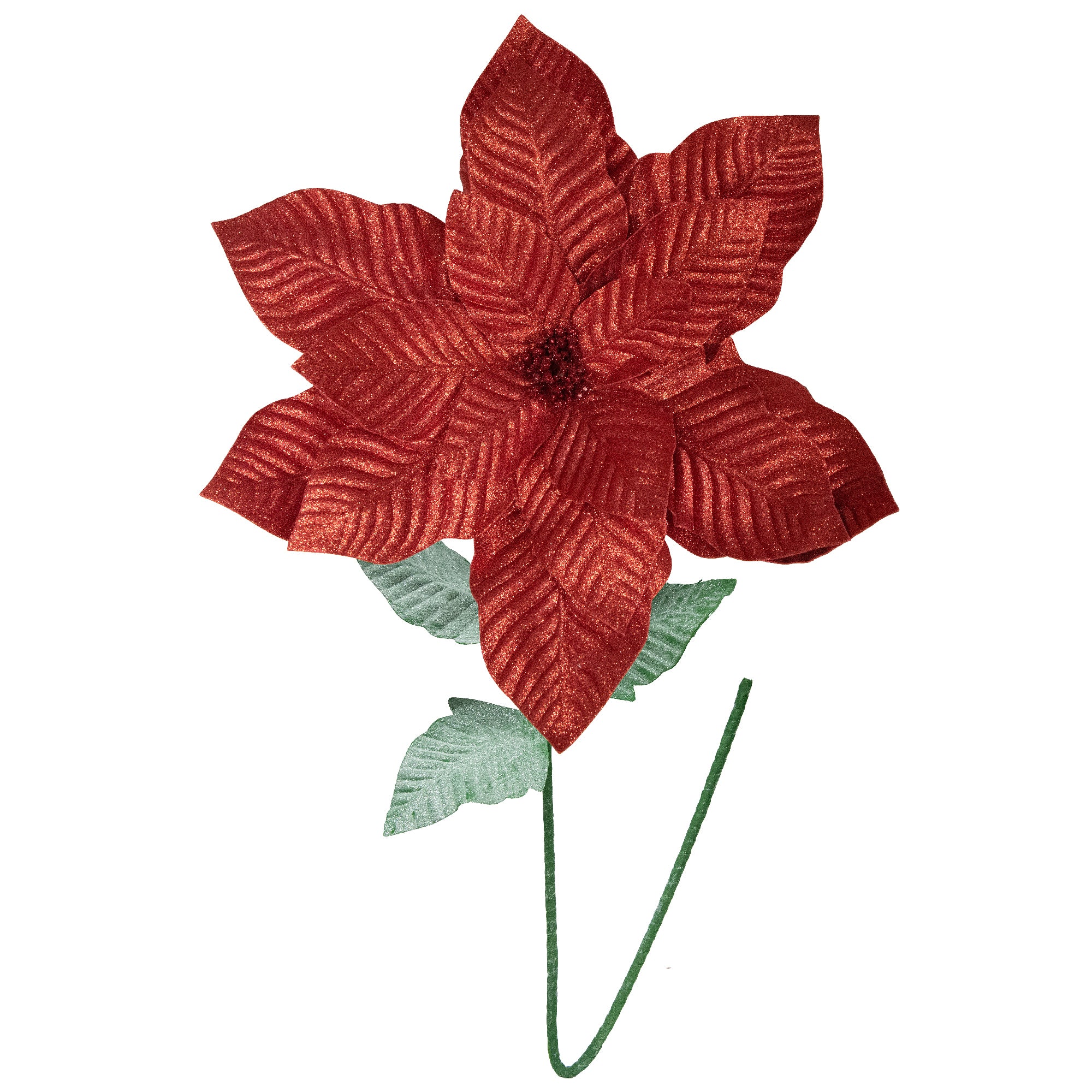 41.5" Glitter Poinsettia with Leaves Stem Red, Christmas, Floral Pick, Holiday Decor