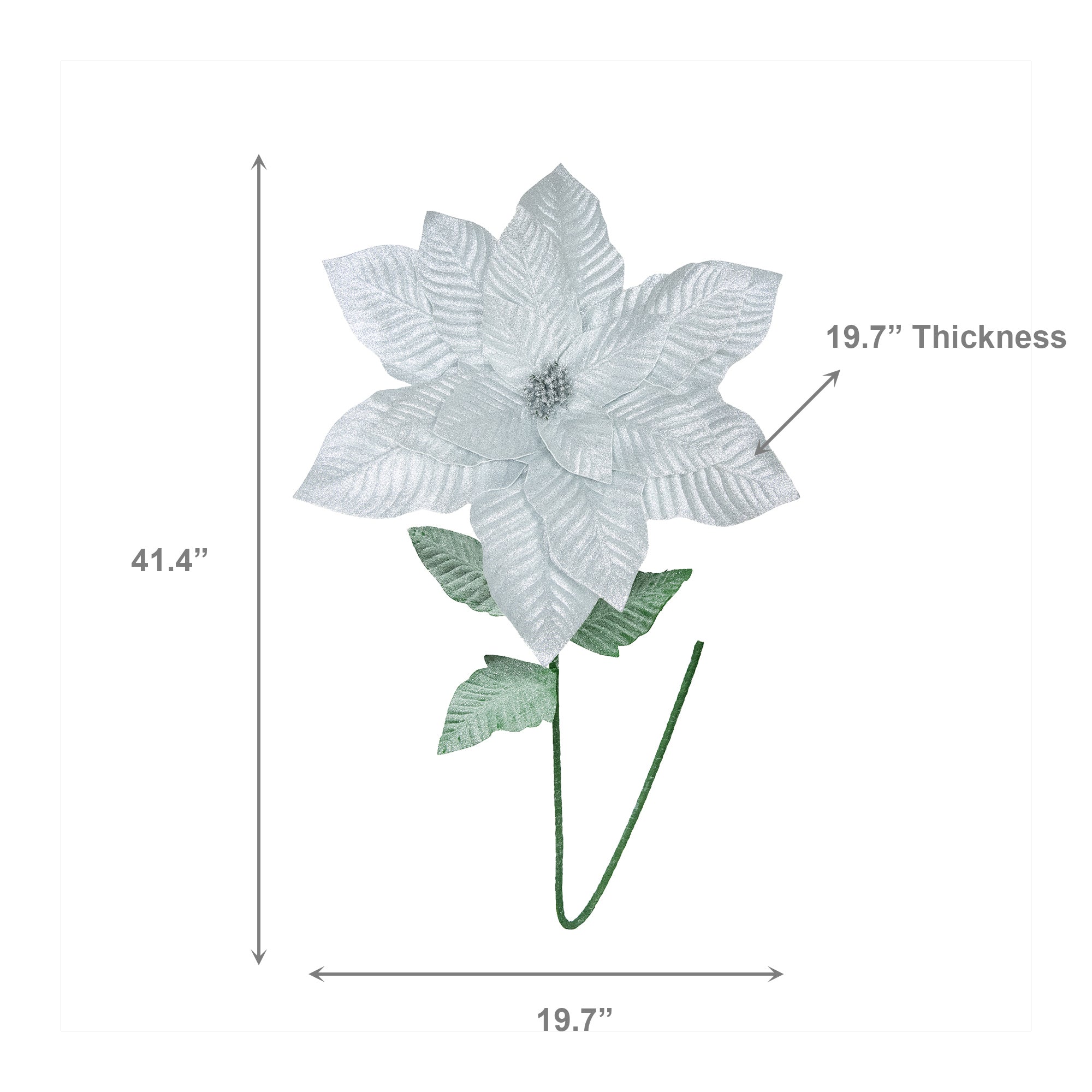 41.5" Glitter Poinsettia with Leaves Stem Silver, Christmas, Floral Pick, Holiday Decor