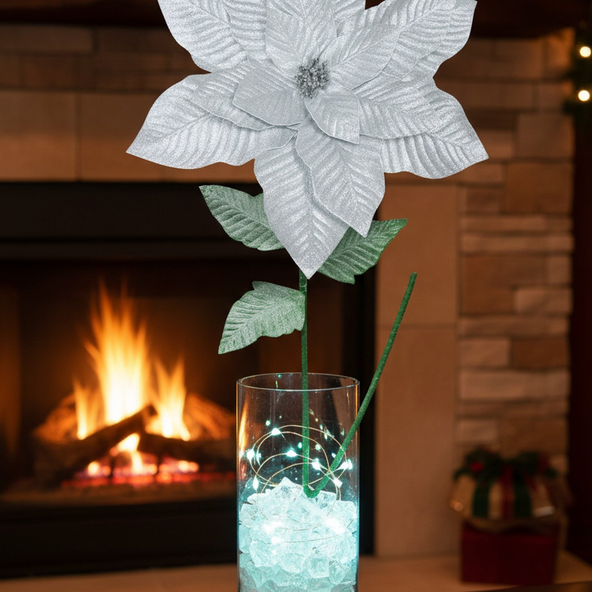 41.5" Glitter Poinsettia with Leaves Stem Silver, Christmas, Floral Pick, Holiday Decor