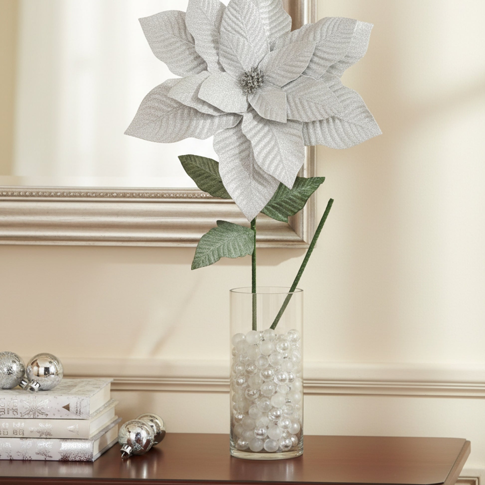 41.5" Glitter Poinsettia with Leaves Stem Silver, Christmas, Floral Pick, Holiday Decor