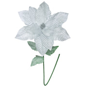 41.5" Glitter Poinsettia with Leaves Stem Silver, Christmas, Floral Pick, Holiday Decor