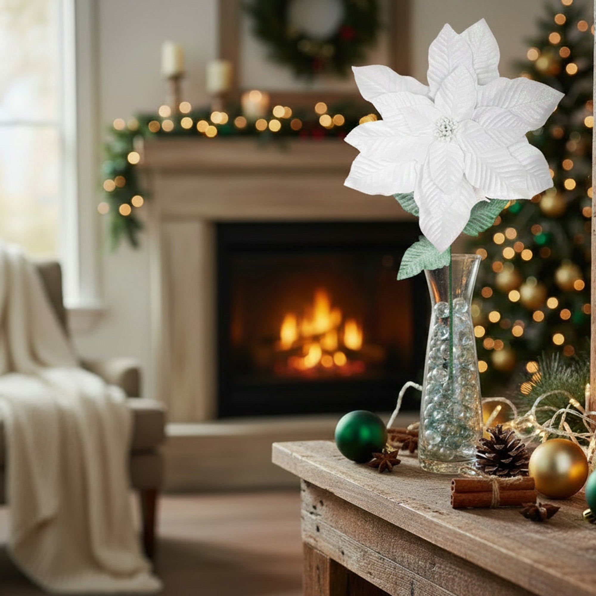 41.5" Glitter Poinsettia with Leaves Stem White, Christmas, Floral Pick, Holiday Decor