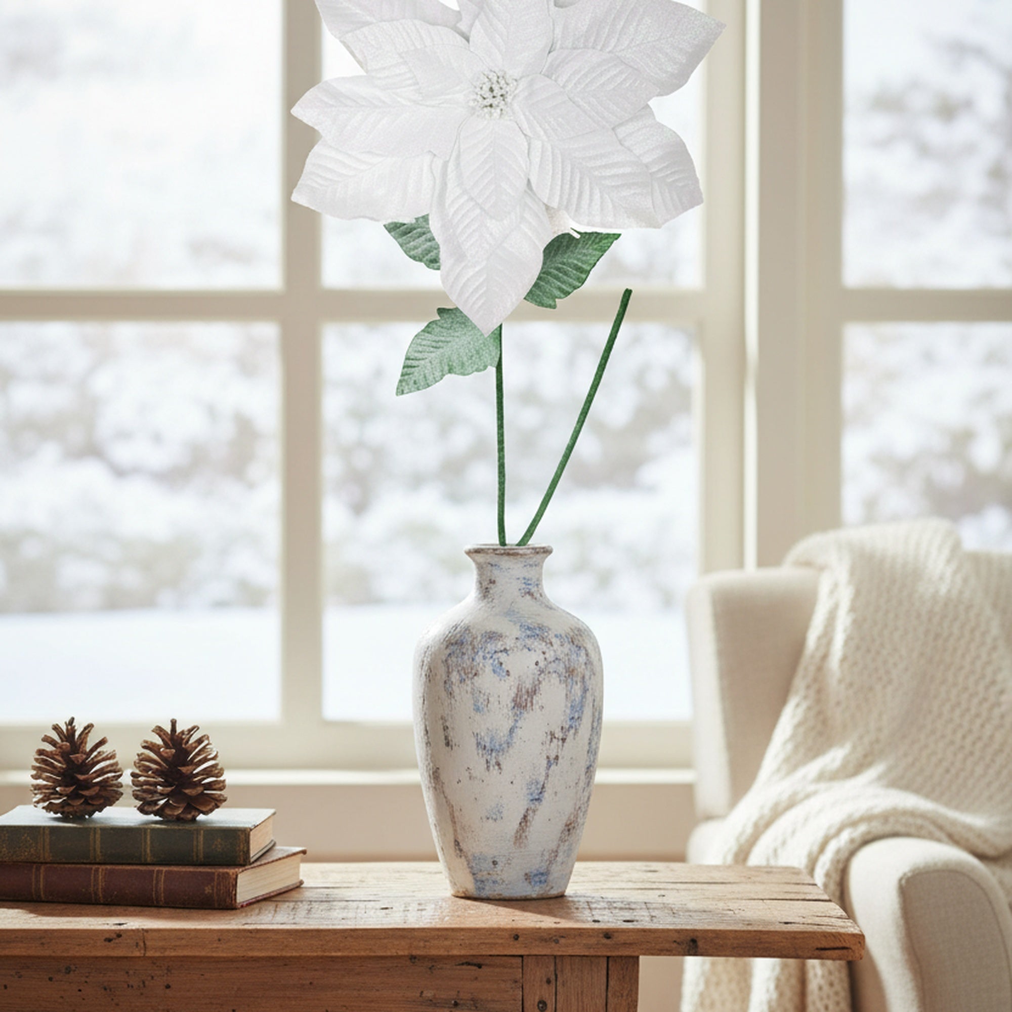 41.5" Glitter Poinsettia with Leaves Stem White, Christmas, Floral Pick, Holiday Decor