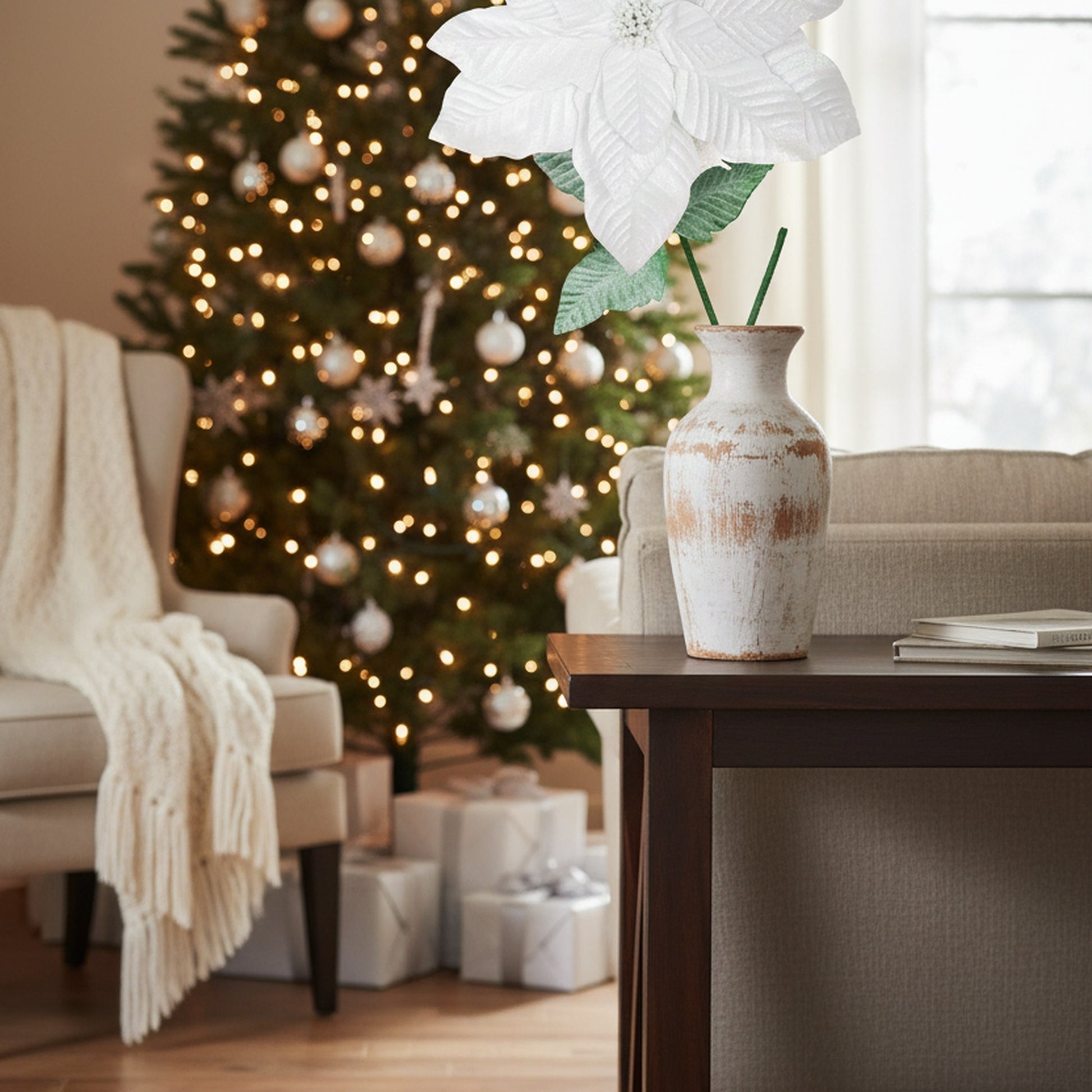 41.5" Glitter Poinsettia with Leaves Stem White, Christmas, Floral Pick, Holiday Decor