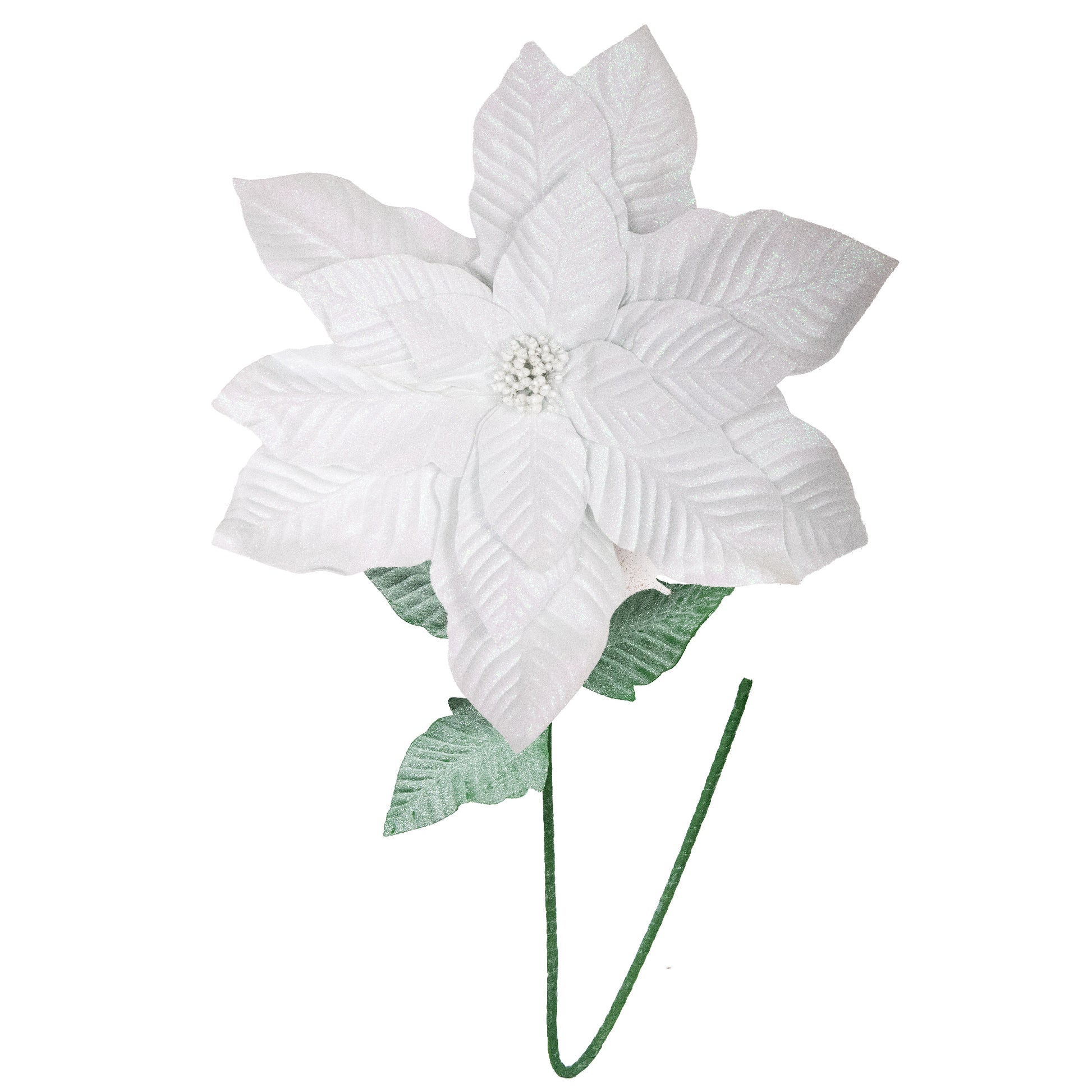 41.5" Glitter Poinsettia with Leaves Stem White, Christmas, Floral Pick, Holiday Decor