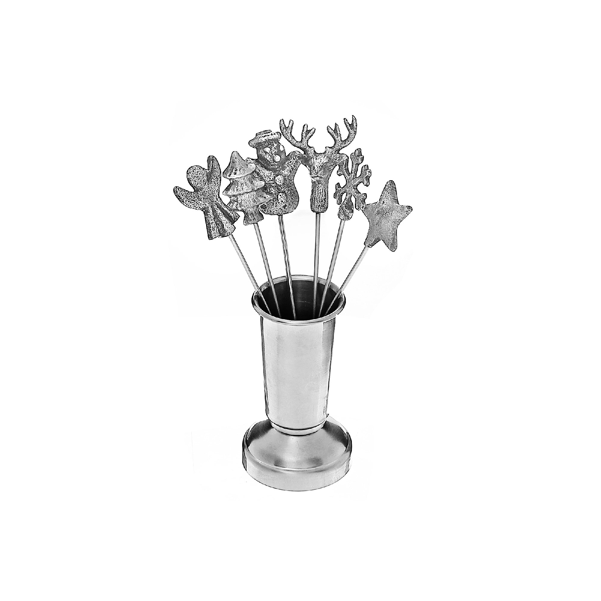 Christmas Assorted Cocktail Picks Set Of 6 With Holder, Holiday Drink Accessories, Festive Barware