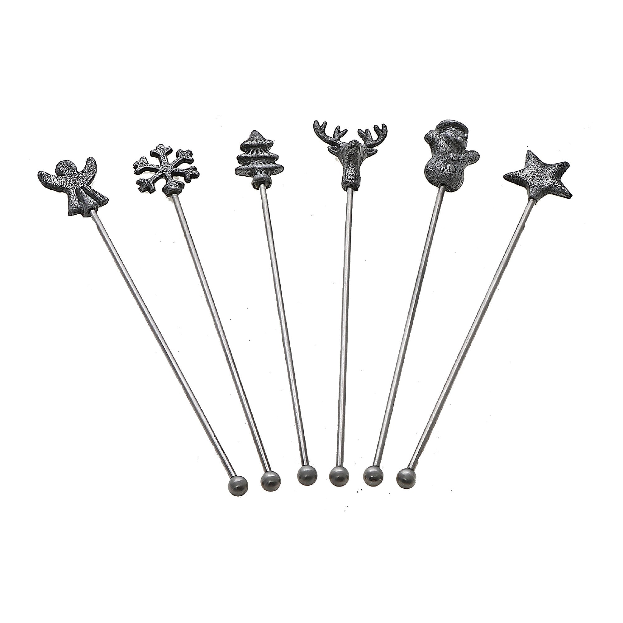Christmas Set Of 6 Assorted Swizzle Sticks, Holiday Drink Accessories, Festive Party Decor