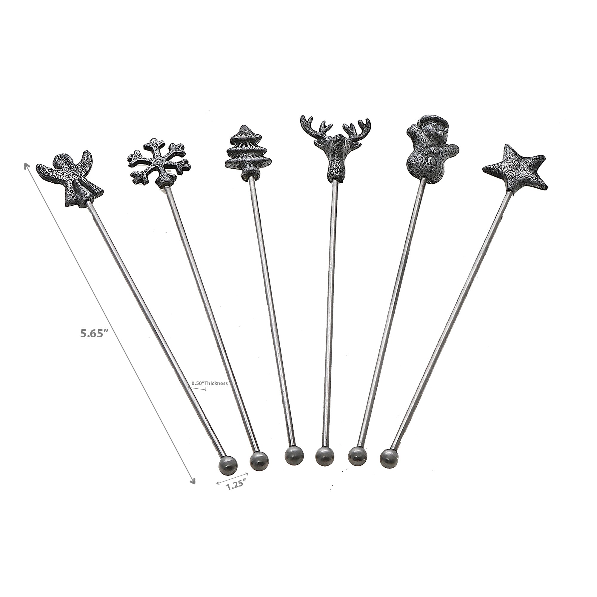 Christmas Set Of 6 Assorted Swizzle Sticks, Holiday Drink Accessories, Festive Party Decor