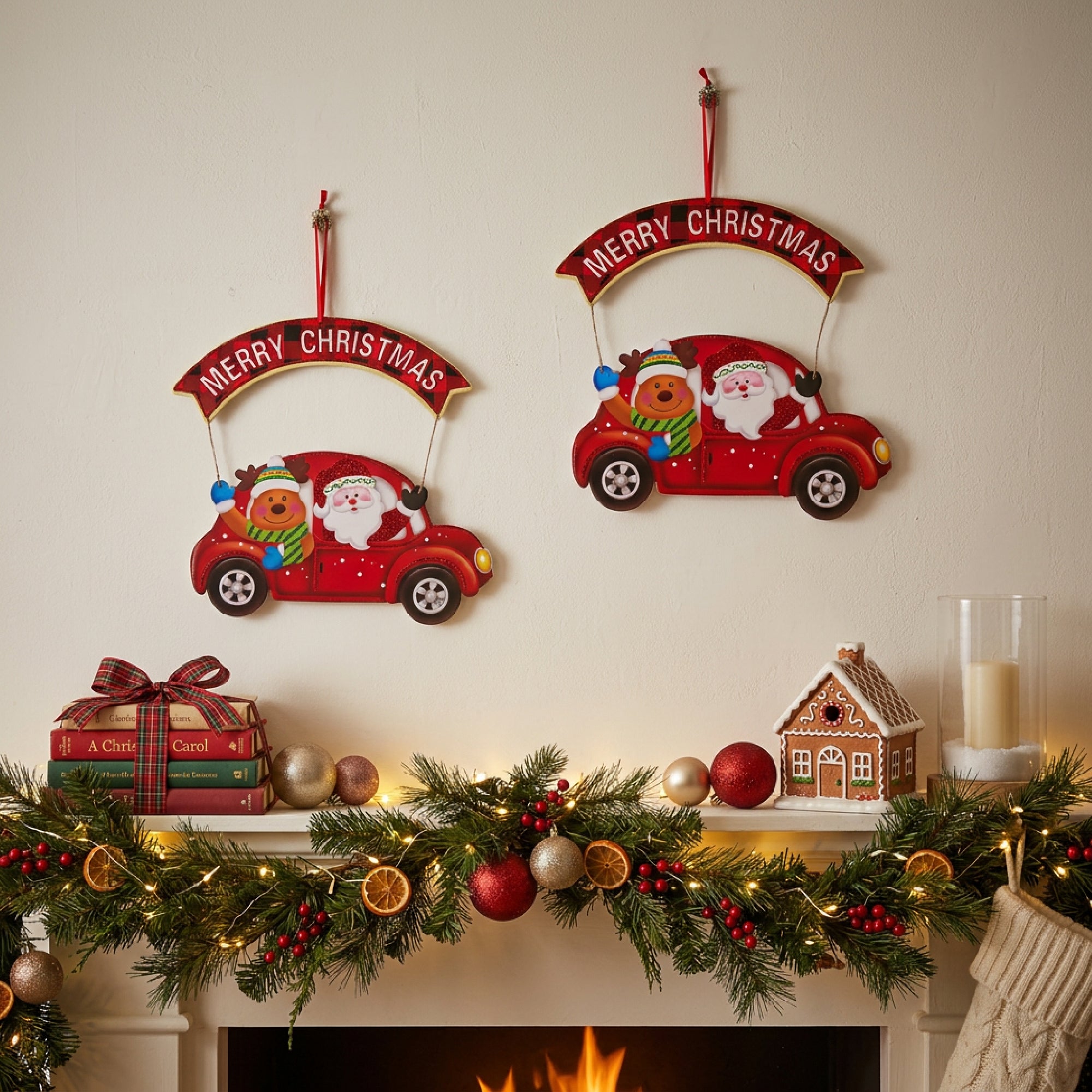 Foam Board Wall Decor Red Car with Merry Christmas Banner, Christmas, Wall Decor, Holiday Decor- Set of 2
