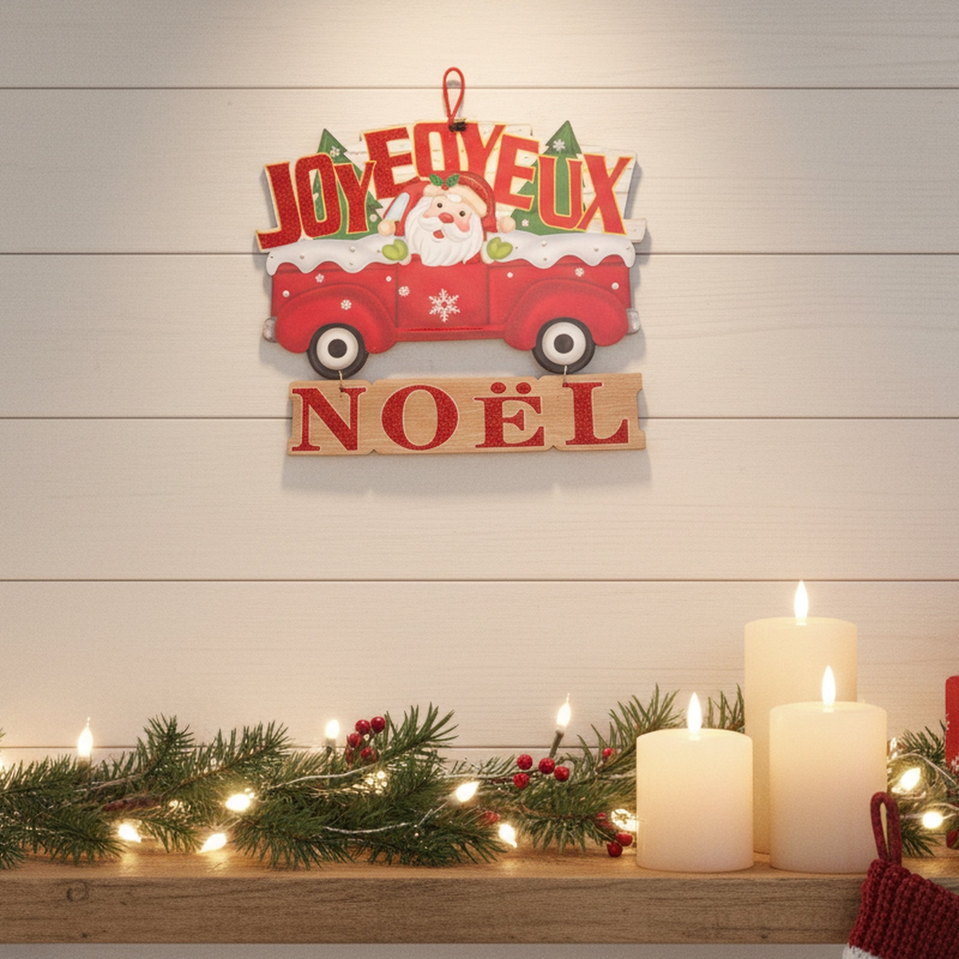 Foam Board Wall Decor Santa in Red Truck Joyeux Noel, Christmas, Wall Decor, Holiday Decor- Set of 2