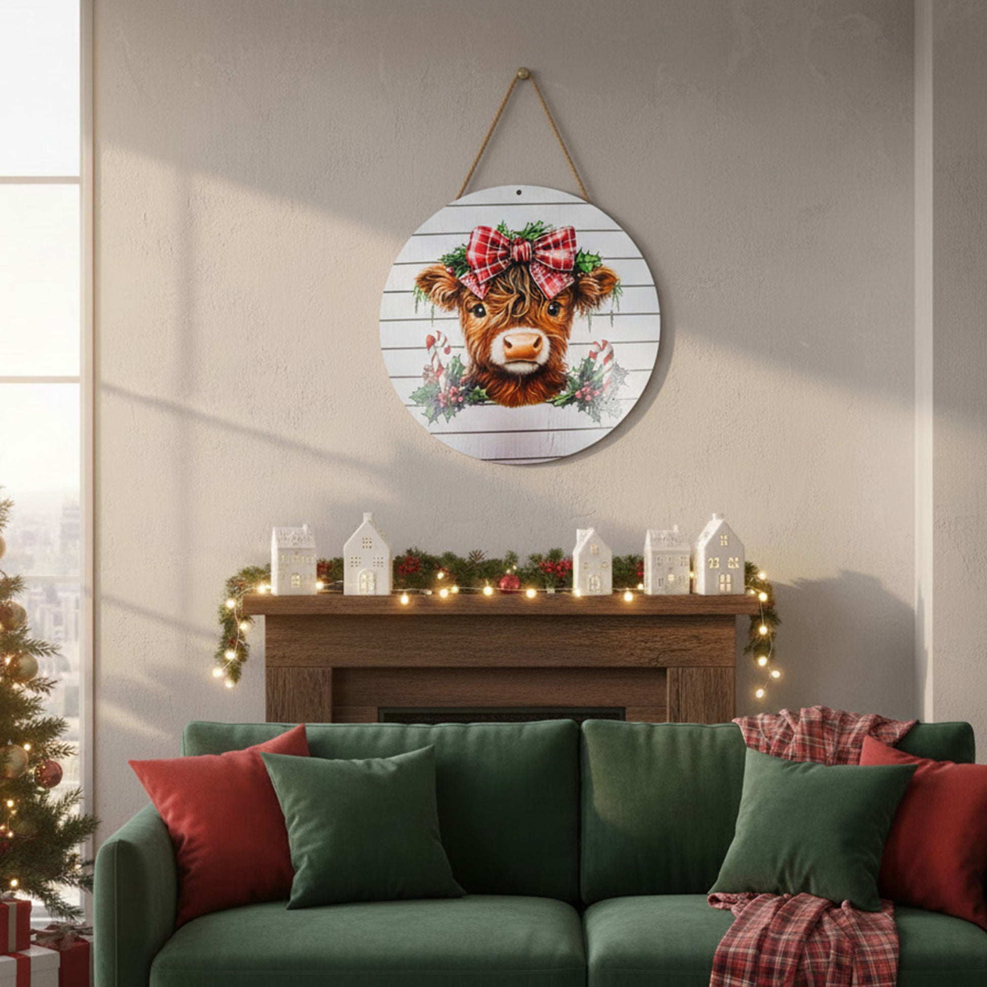 Round Wall Hanger Festive Highland Cow, Wall Decor, Holiday Decor