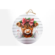 Round Wall Hanger Festive Highland Cow, Wall Decor, Holiday Decor