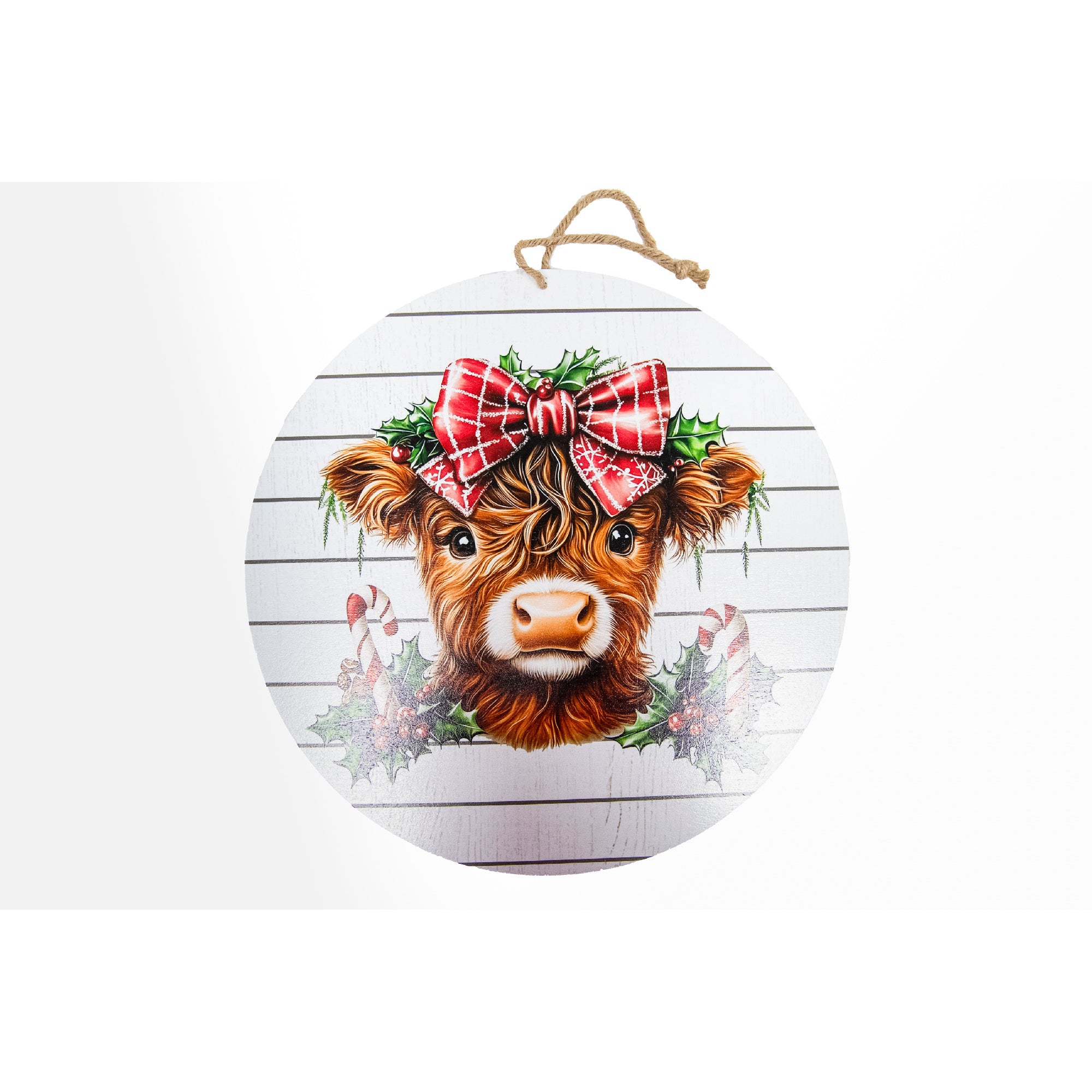 Round Wall Hanger Festive Highland Cow, Wall Decor, Holiday Decor