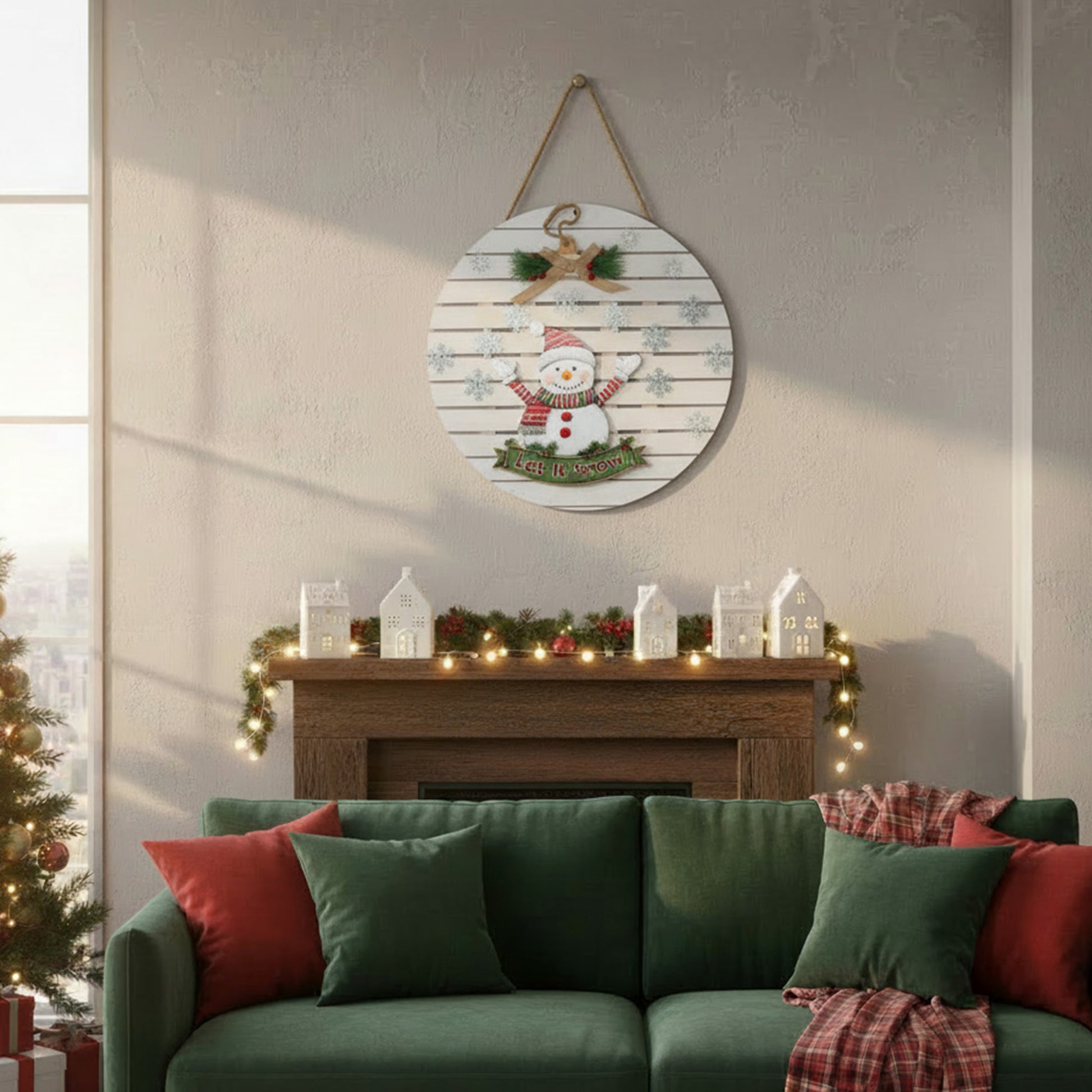 Round Wooden Slat Hanger Snowman Let It Snow, Christmas, Holiday Decor