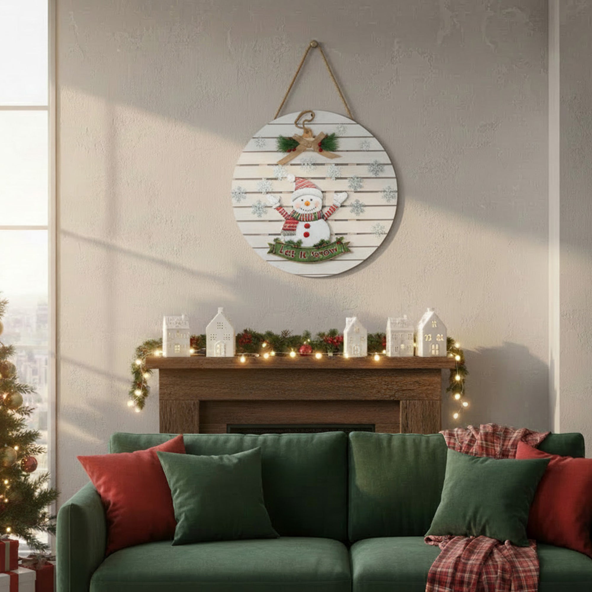 Round Wooden Slat Hanger Snowman Let It Snow, Christmas, Holiday Decor