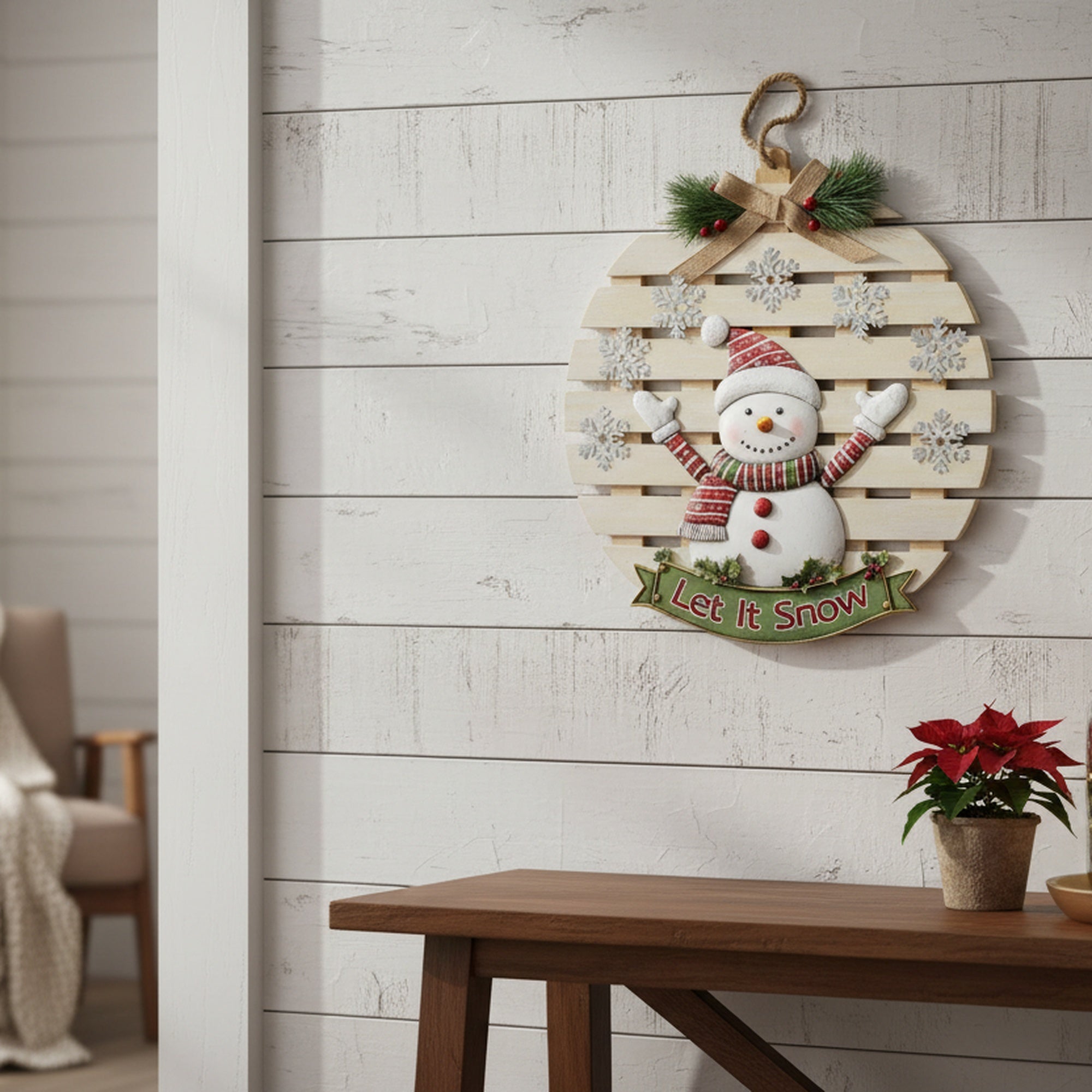 Round Wooden Slat Hanger Snowman Let It Snow, Christmas, Holiday Decor