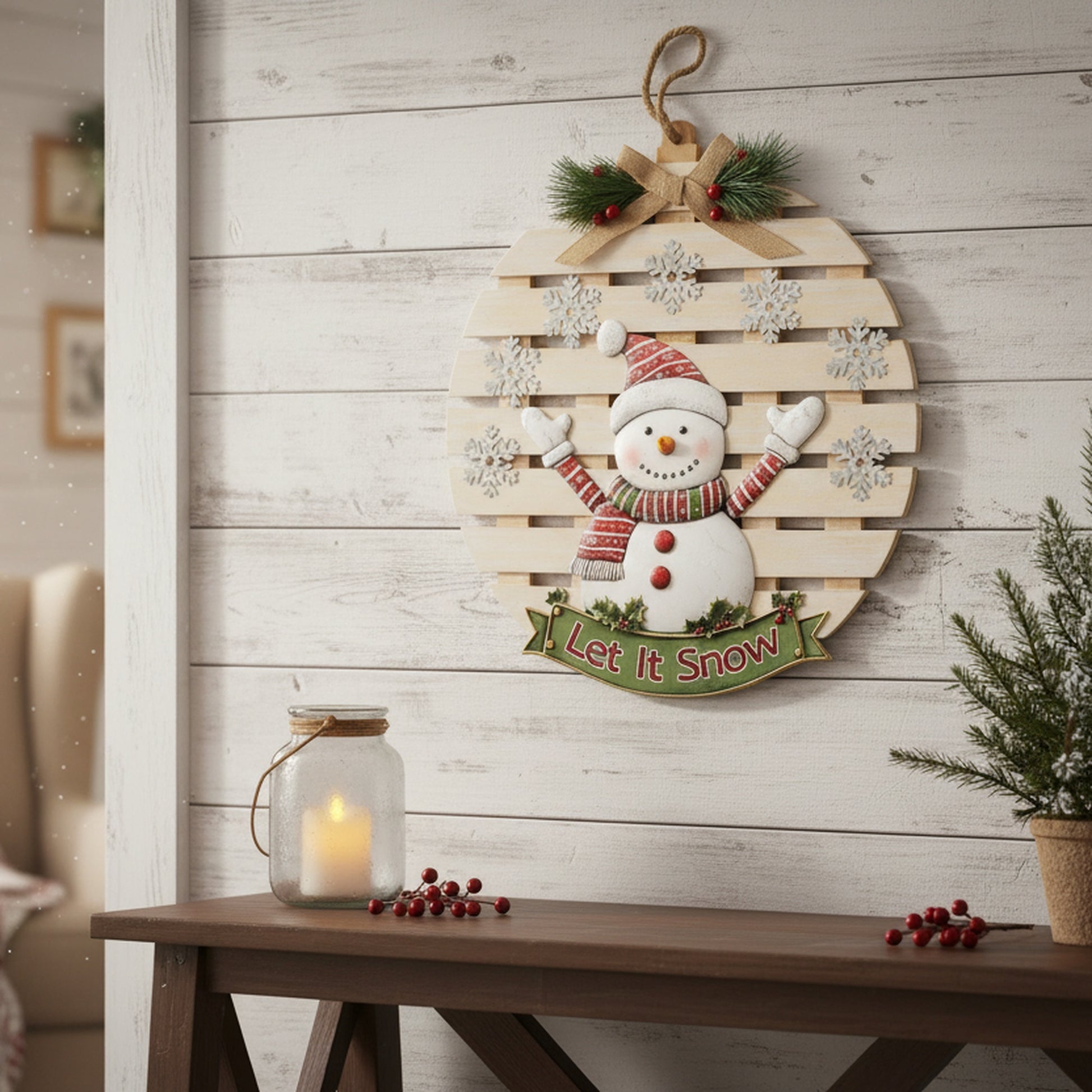 Round Wooden Slat Hanger Snowman Let It Snow, Christmas, Holiday Decor