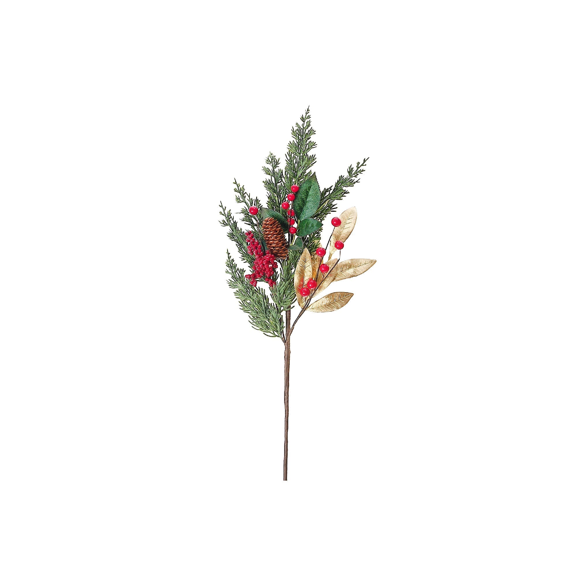 Christmas Golden Leaves With Berries & Pine Spray Set Of 3, Holiday Floral Pick, Festive Home Decor