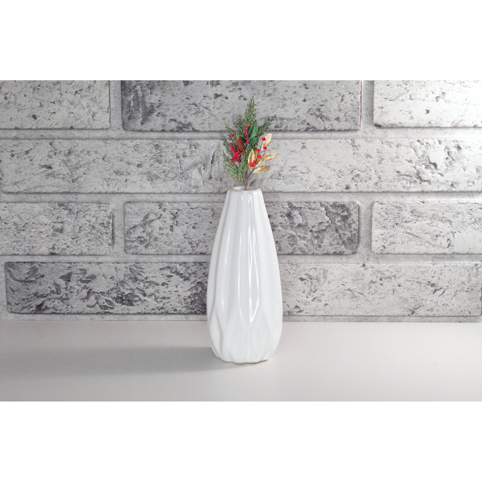 Christmas Golden Leaves With Berries & Pine Spray Set Of 3, Holiday Floral Pick, Festive Home Decor