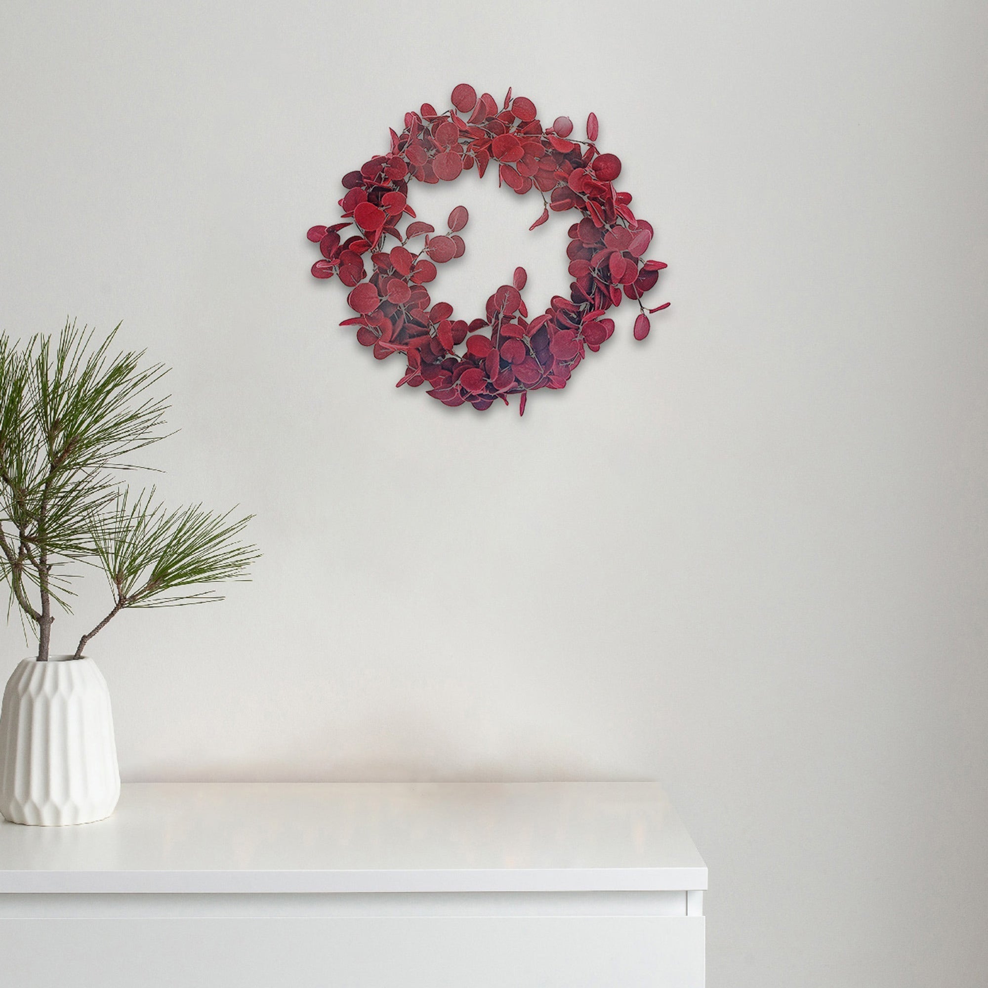 Burgundy Felt and Eucalyptus Christmas Wreath, Holiday Door Decor, Christmas Floral Accent, Festive Seasonal Decoration