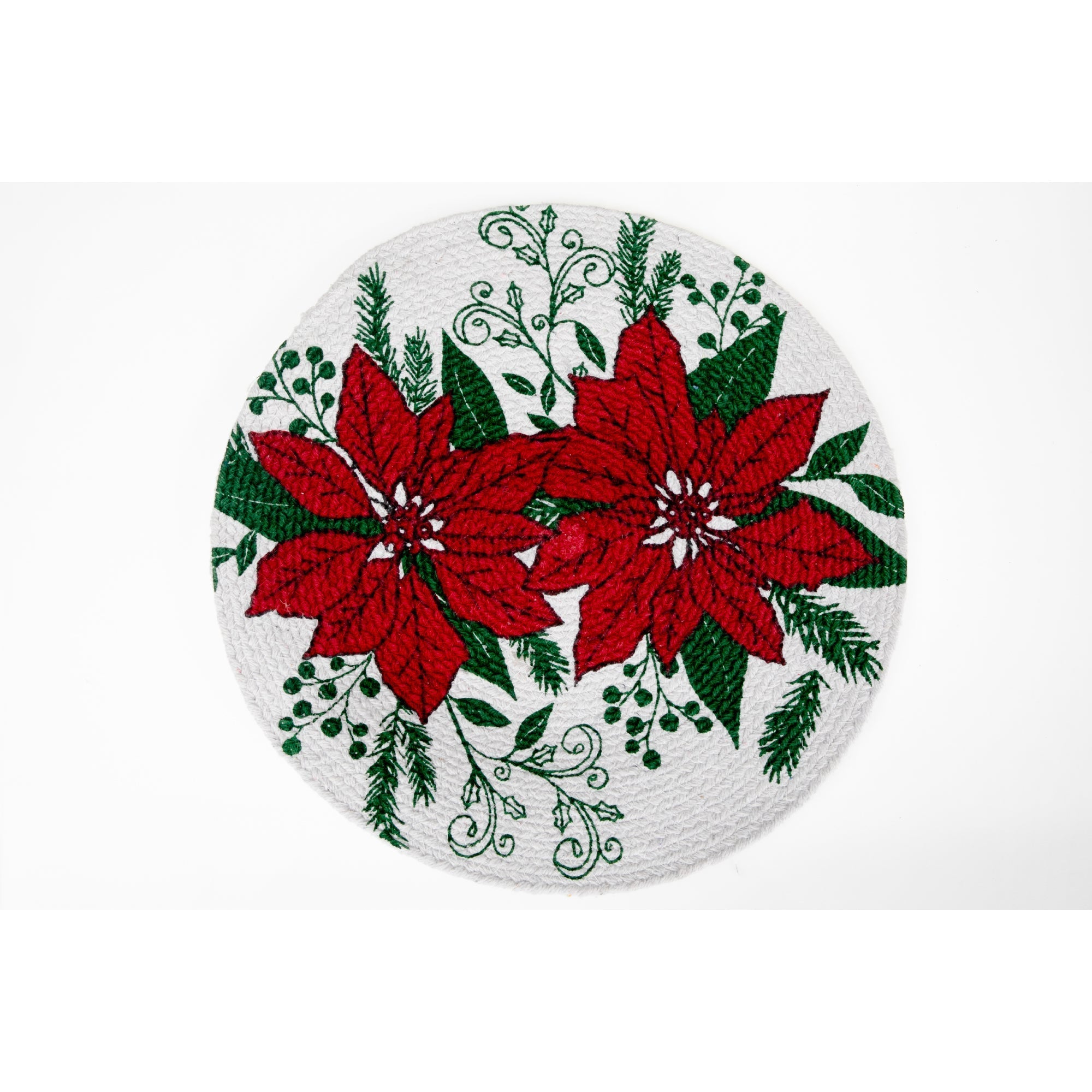 Printed Cotton Rope Placemat Double Poinsettia Christmas Holiday Table Mats - Set of 12