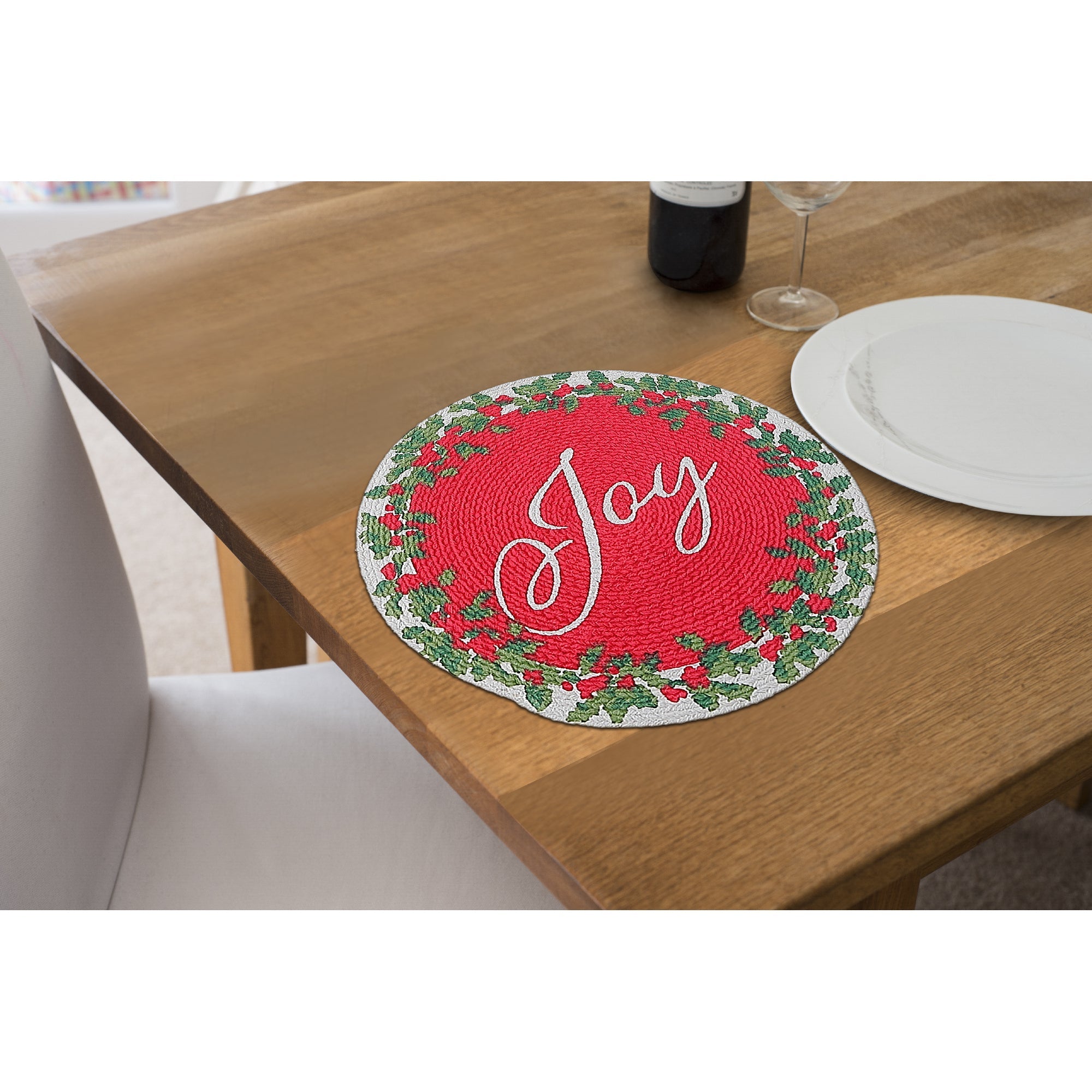 Christmas Printed Round Cotton Rope Placemat Joy Set Of 12, Holiday Table Decor, Festive Dining Accent