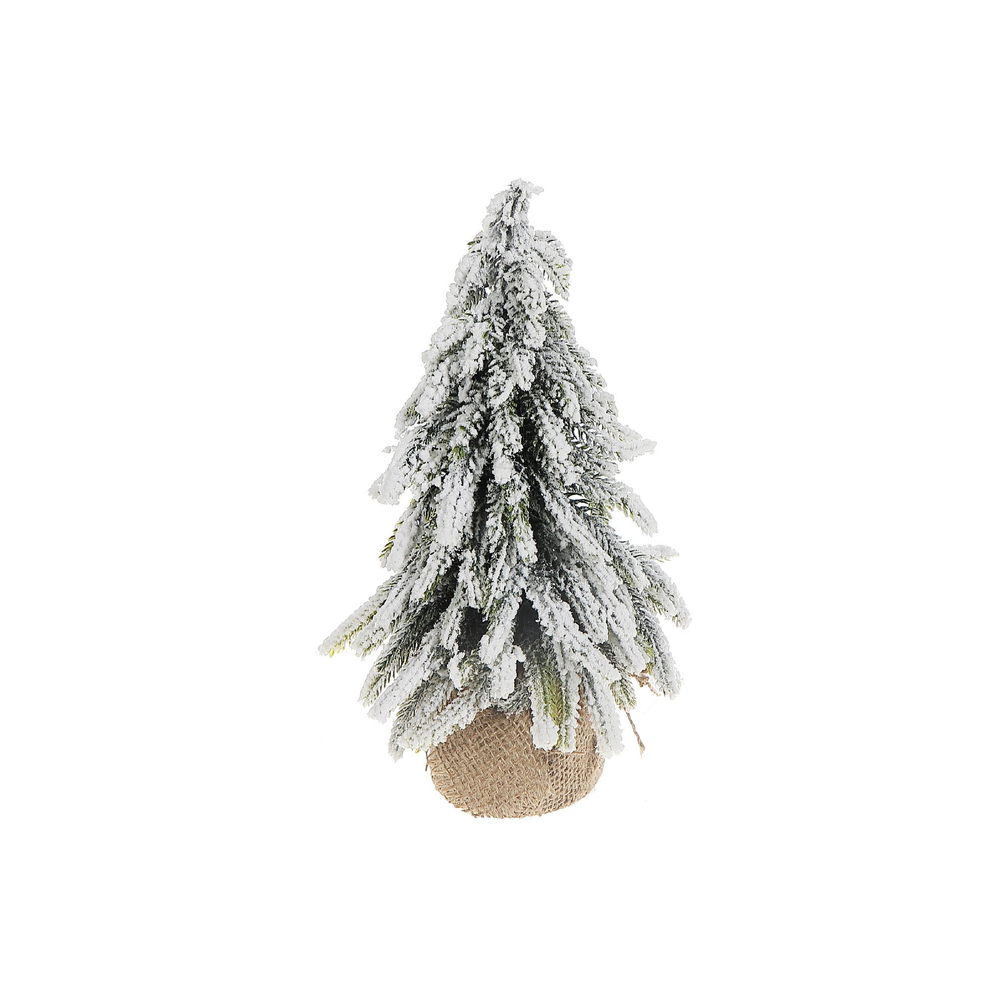 11 Inch Snow Covered Pine Tree with Burlap Base, Holiday Mini Tree Décor