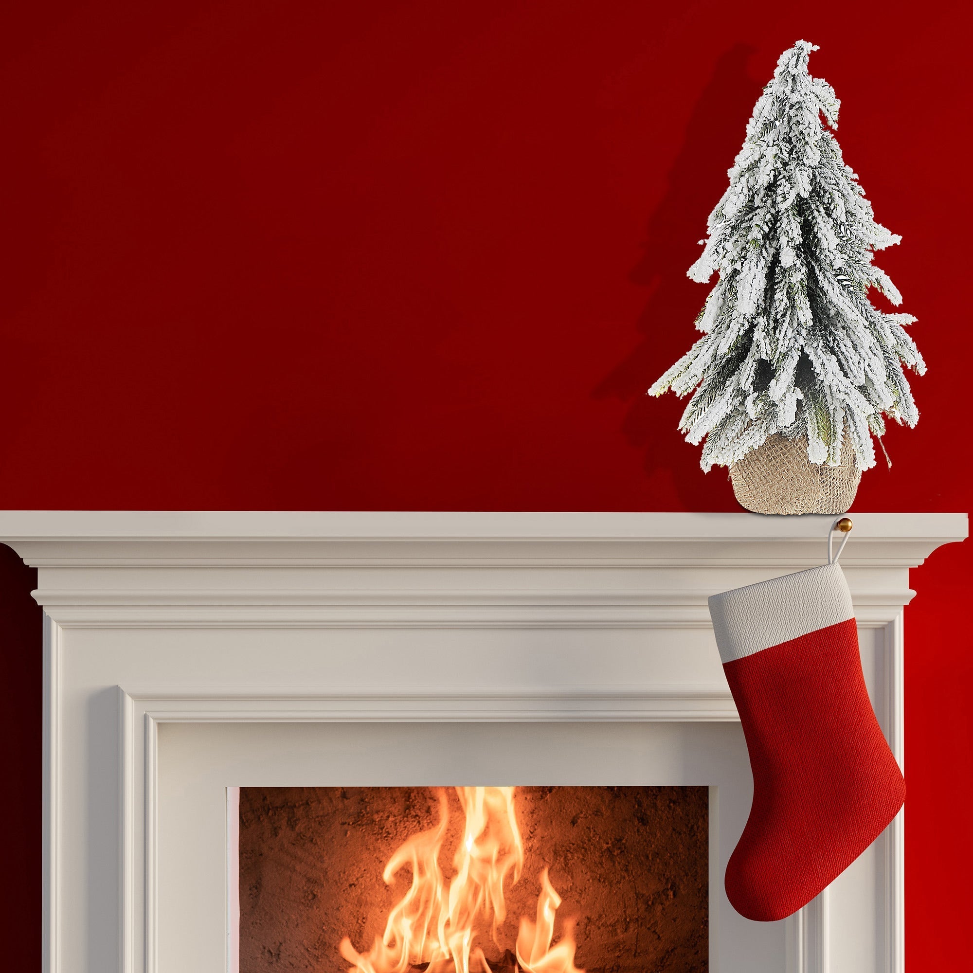 11 Inch Snow Covered Pine Tree with Burlap Base, Holiday Mini Tree Décor