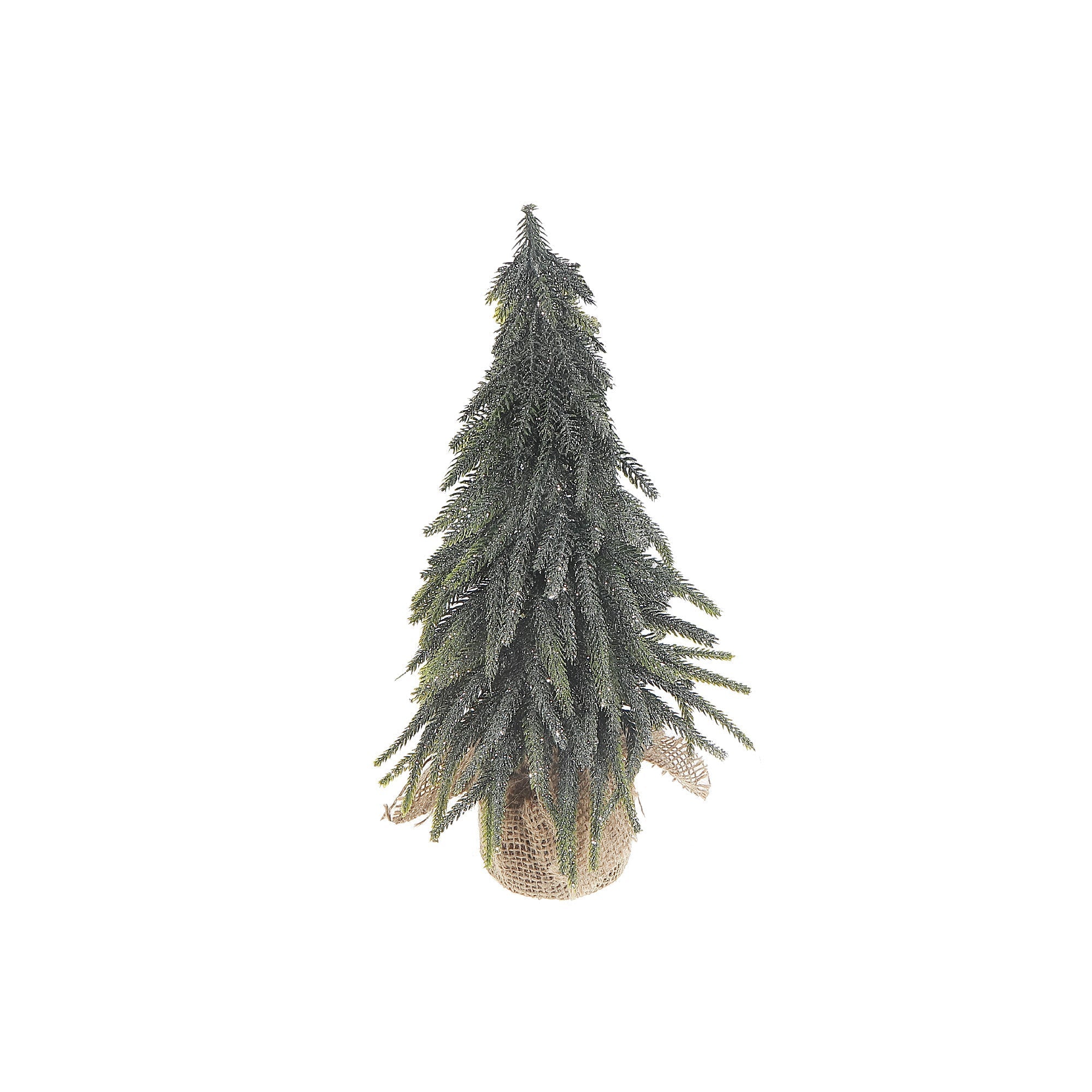 14 Inch Pine Tree with Silver Glitter and Burlap Base, Festive Mini Christmas Decoration