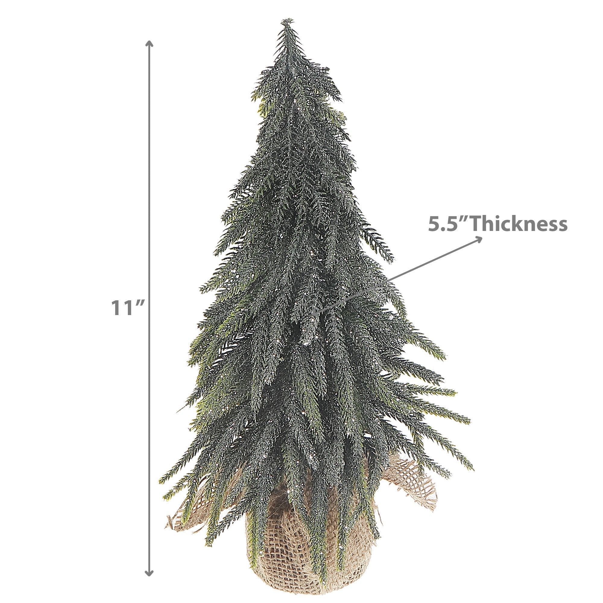 14 Inch Pine Tree with Silver Glitter and Burlap Base, Festive Mini Christmas Decoration
