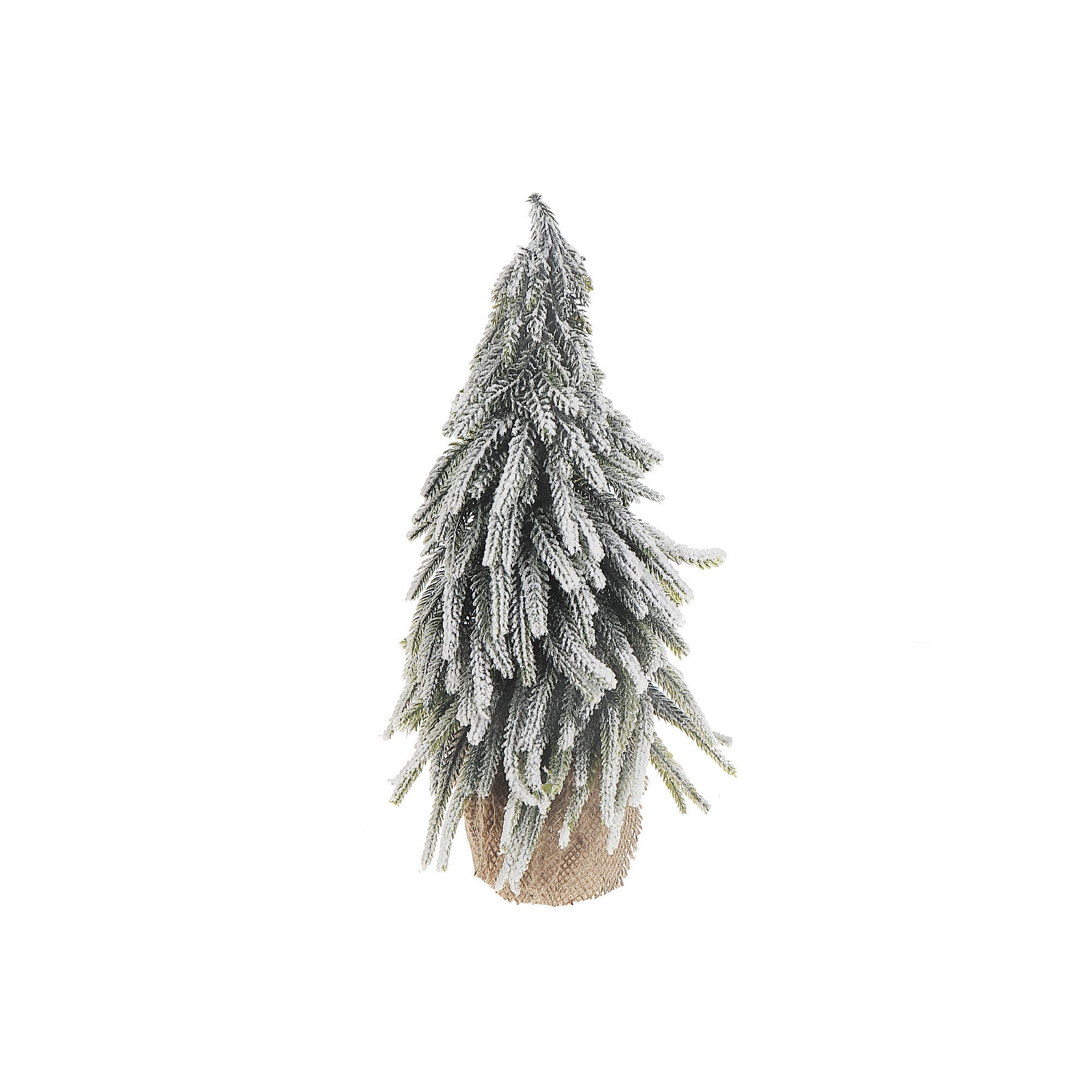 14 Inch Snow Covered Pine Tree with Burlap Base, Mini Holiday Christmas Décor