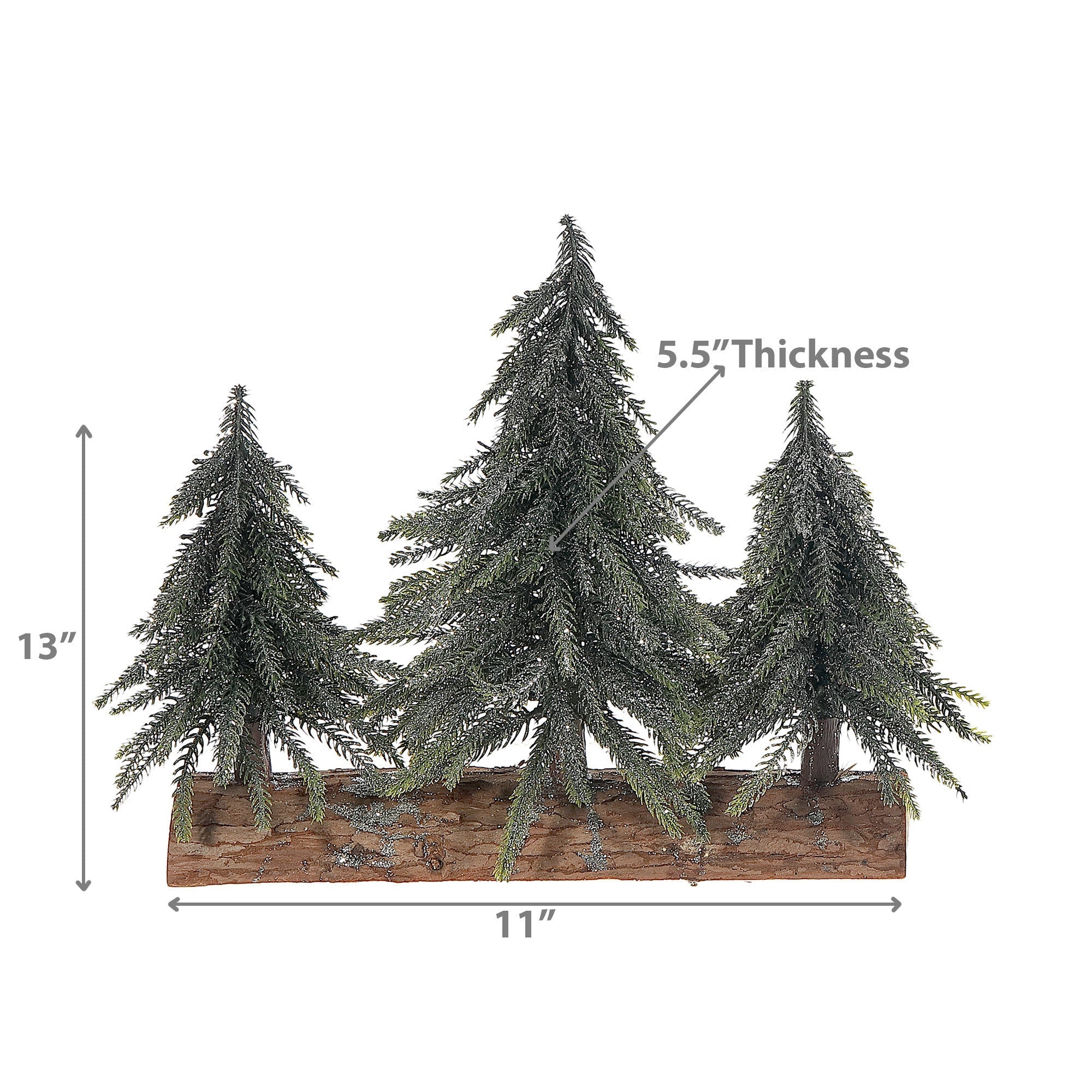 Triple Pine Tree on Wood Base Silver Glitter – Christmas Tabletop Decoration, Holiday Accent, Festive Winter Decor