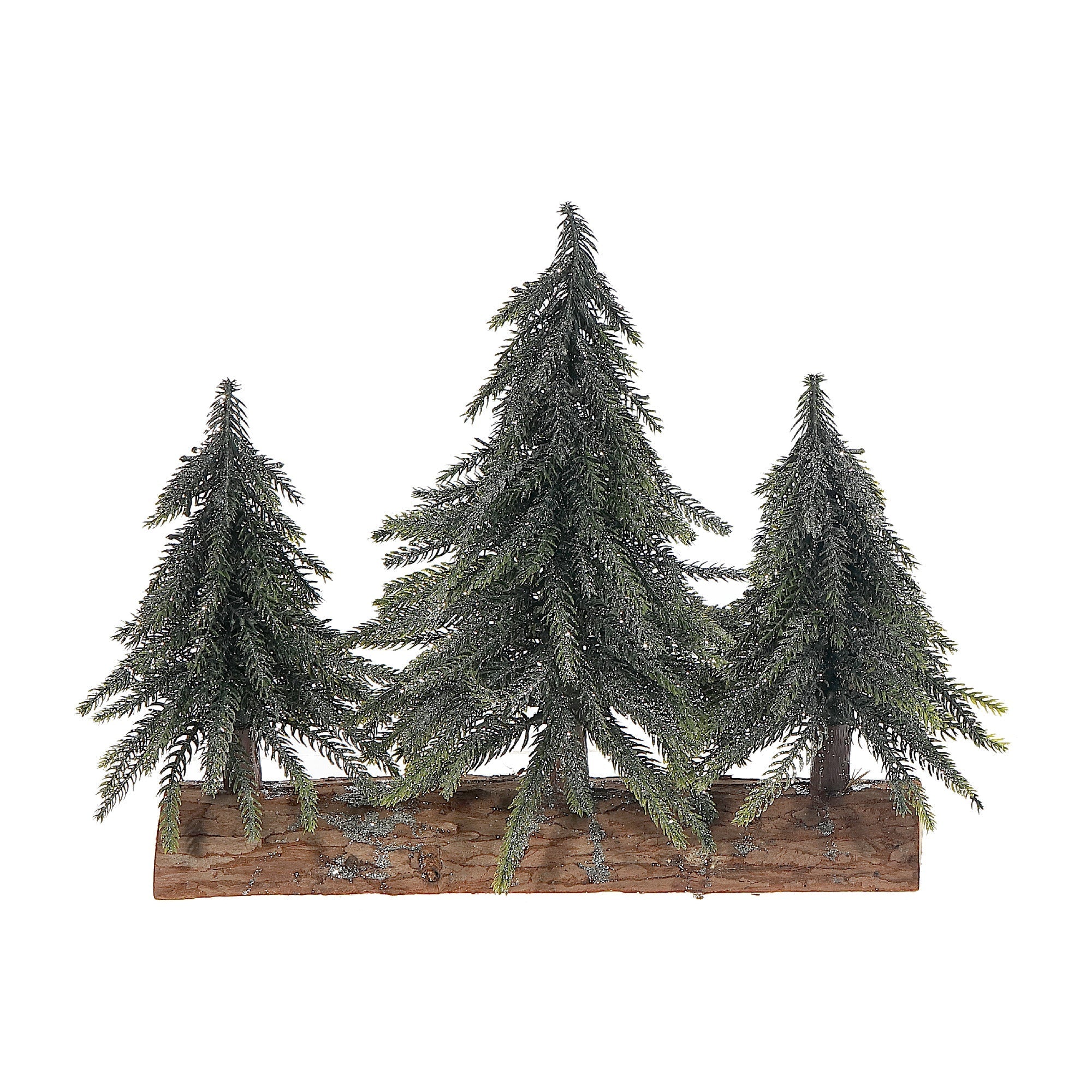 Triple Pine Tree on Wood Base Silver Glitter – Christmas Tabletop Decoration, Holiday Accent, Festive Winter Decor