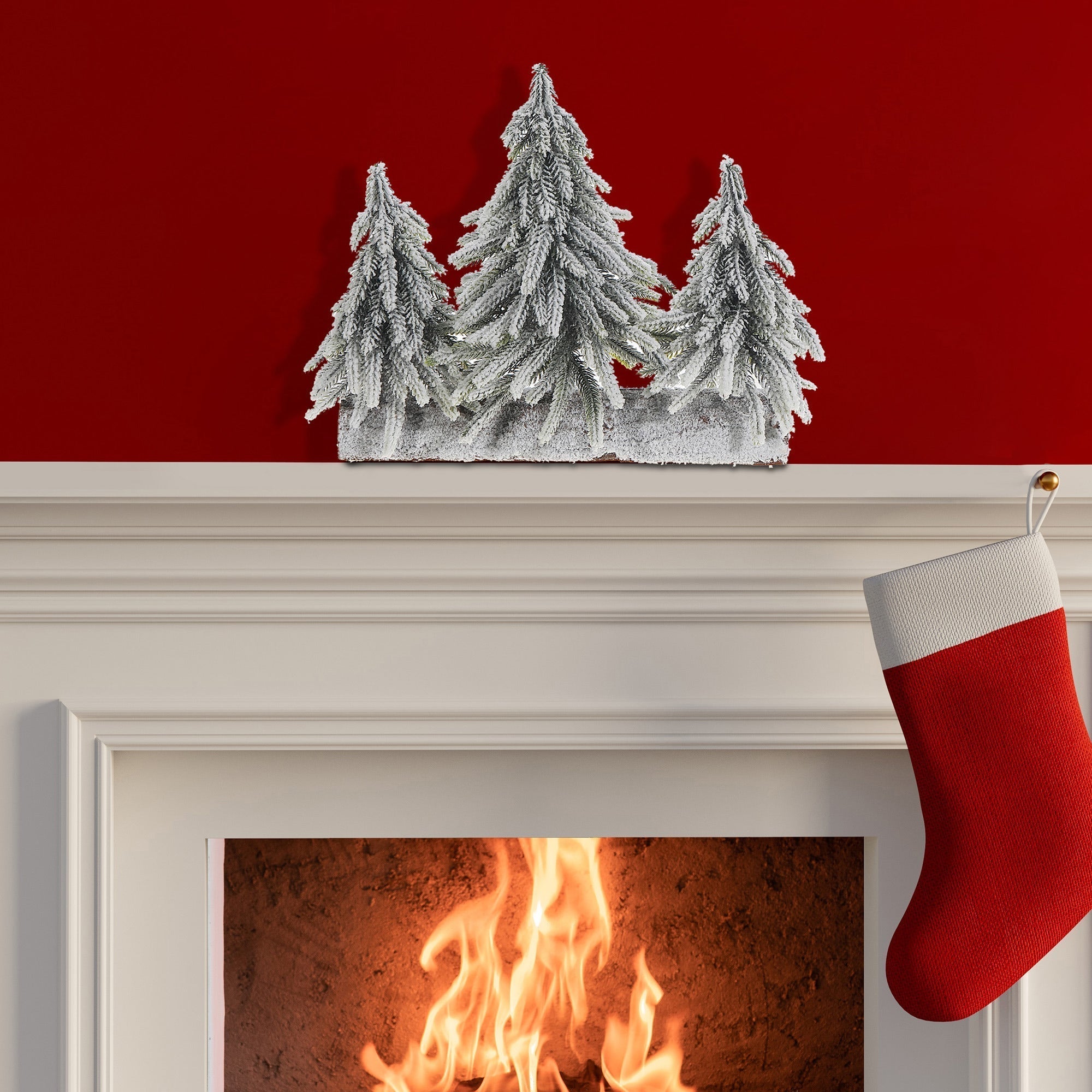 Triple Pine Tree on Wood Base Snow Covered – Christmas Tabletop Decoration, Holiday Accent, Festive Winter Decor