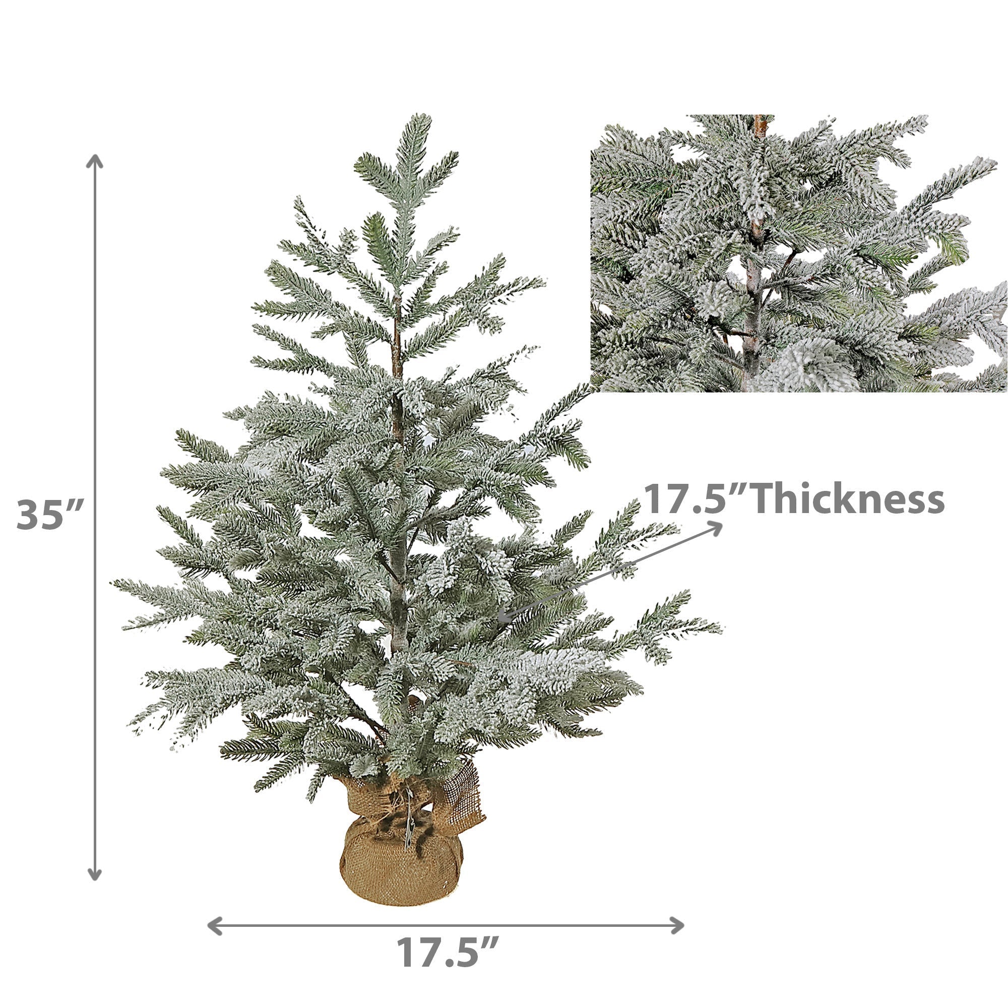 35 Inch Snow Covered Pine Tree with Burlap Base, Holiday Rustic Tabletop Decoration