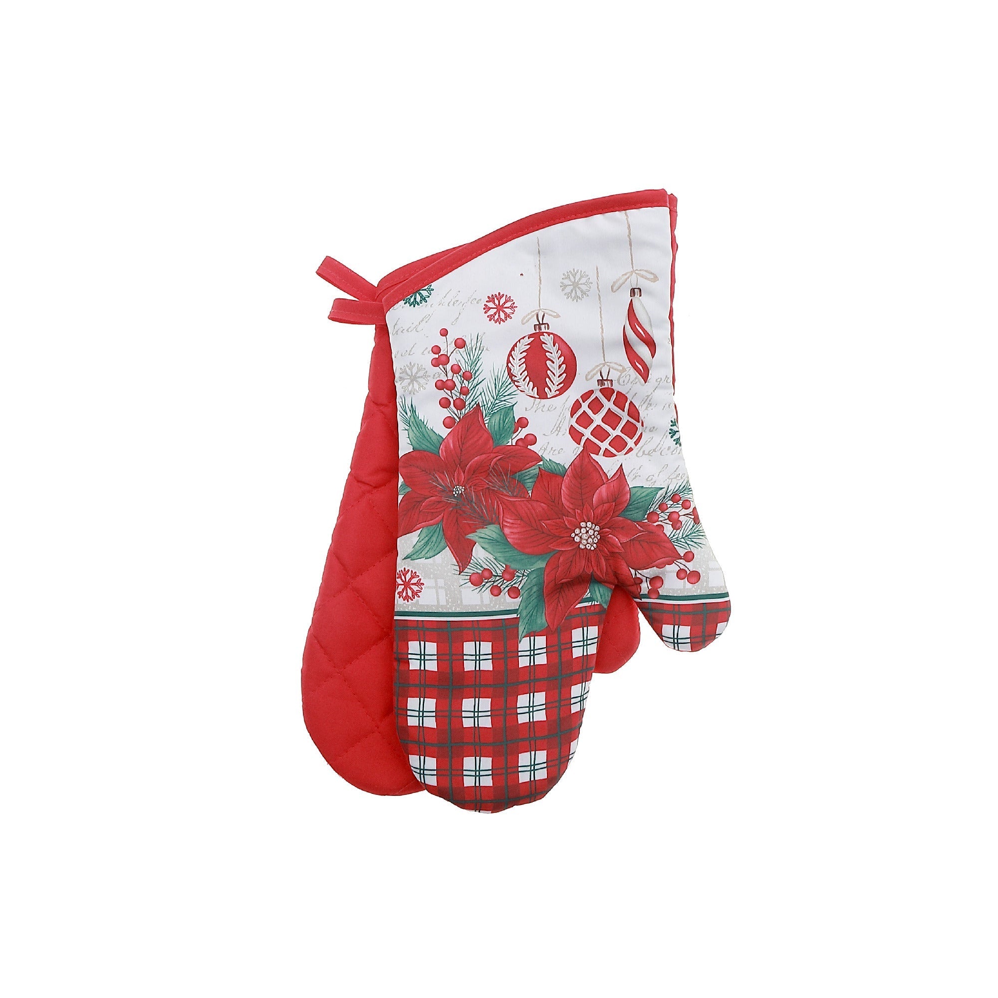 14" Oven Mitts Set of 2 Poinsettia with Ornaments – Christmas Kitchen Accessory, Holiday Cooking, Festive Oven Glove