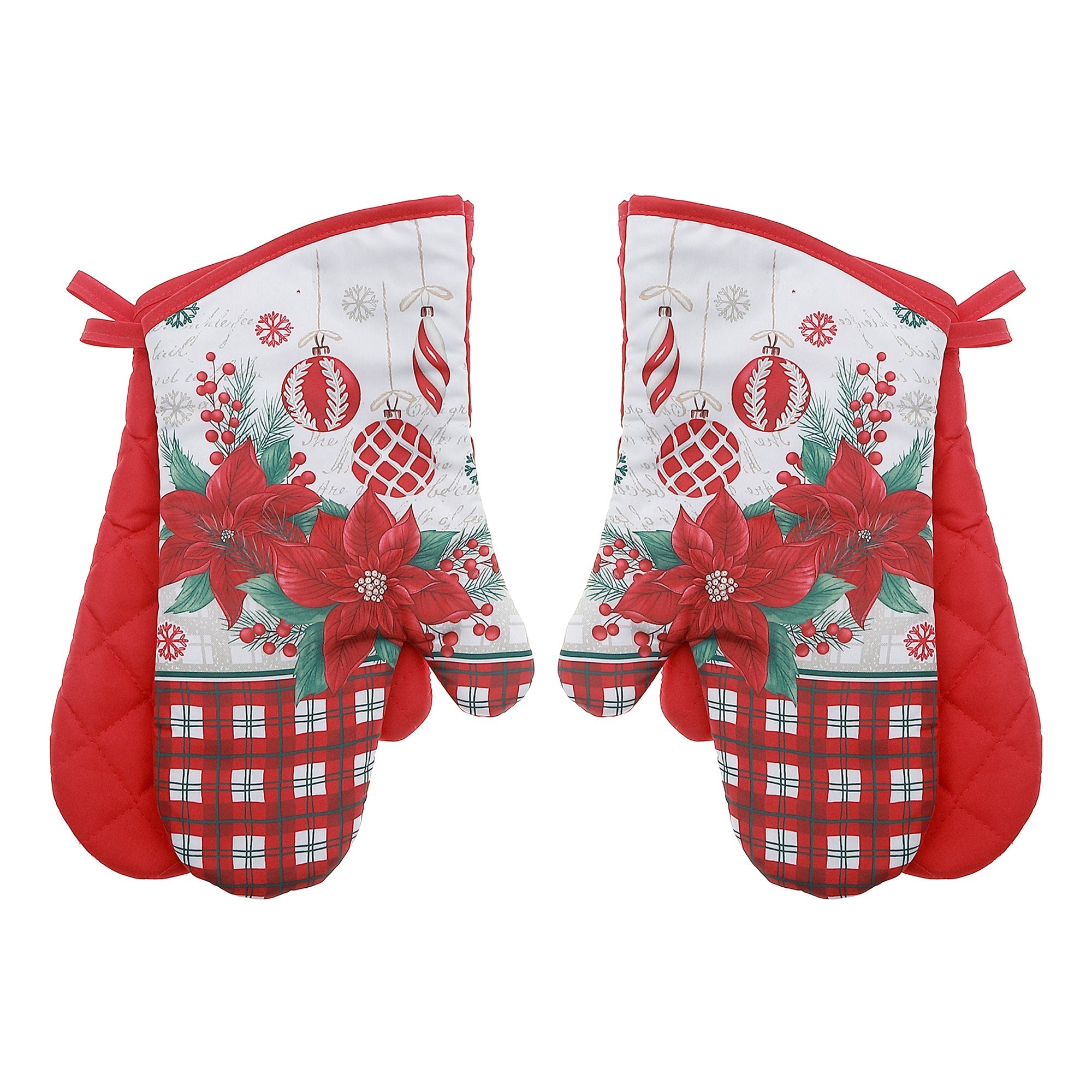 14" Oven Mitts Set of 2 Poinsettia with Ornaments – Christmas Kitchen Accessory, Holiday Cooking, Festive Oven Glove