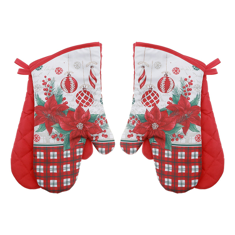 14" Oven Mitts (2Pcs) (Poinsettia W/ Ornaments) - Set of 2