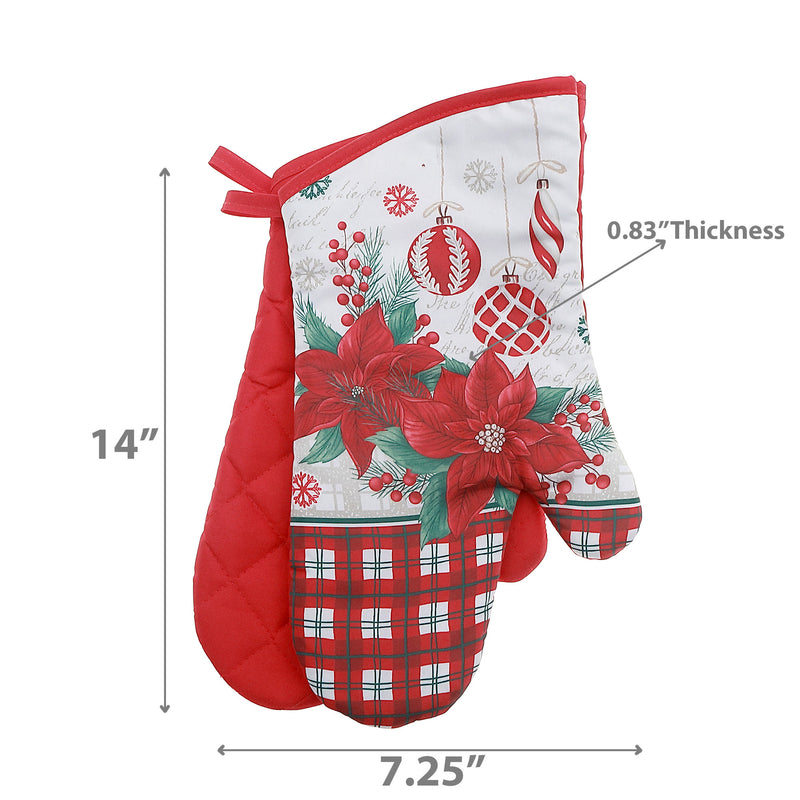14" Oven Mitts (2Pcs) (Poinsettia W/ Ornaments) - Set of 2