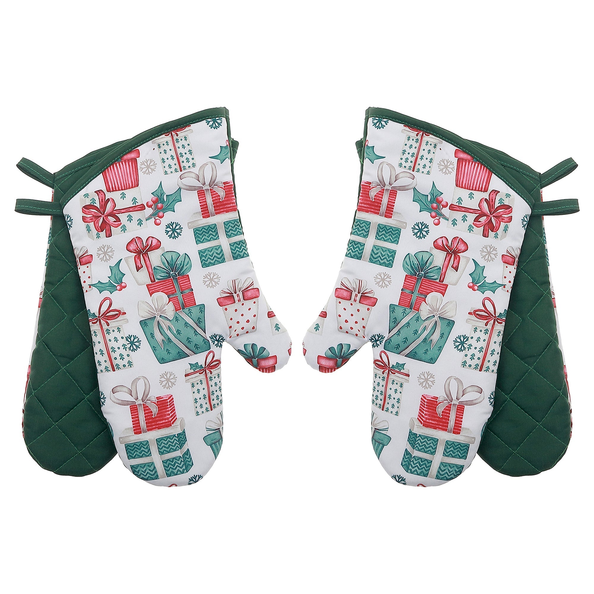 14" Oven Mitts Set of 2 Presents – Christmas Kitchen Accessory, Holiday Cooking, Festive Oven Glove