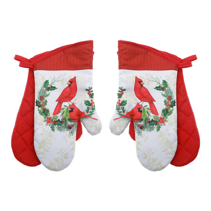 14" Oven Mitts (2Pcs) (Cardinals Perched On Wreath) - Set of 2