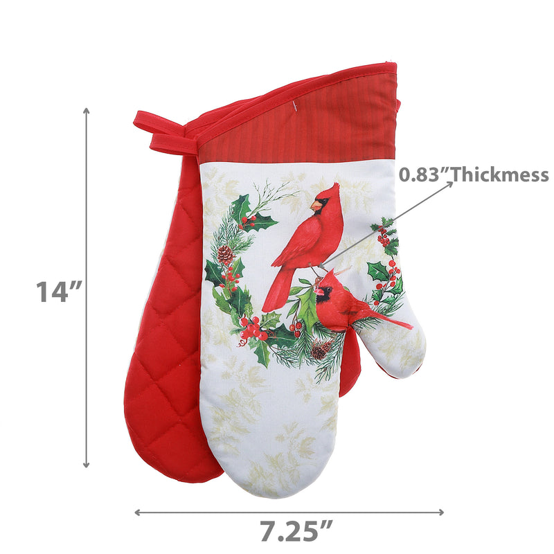 14" Oven Mitts (2Pcs) (Cardinals Perched On Wreath) - Set of 2
