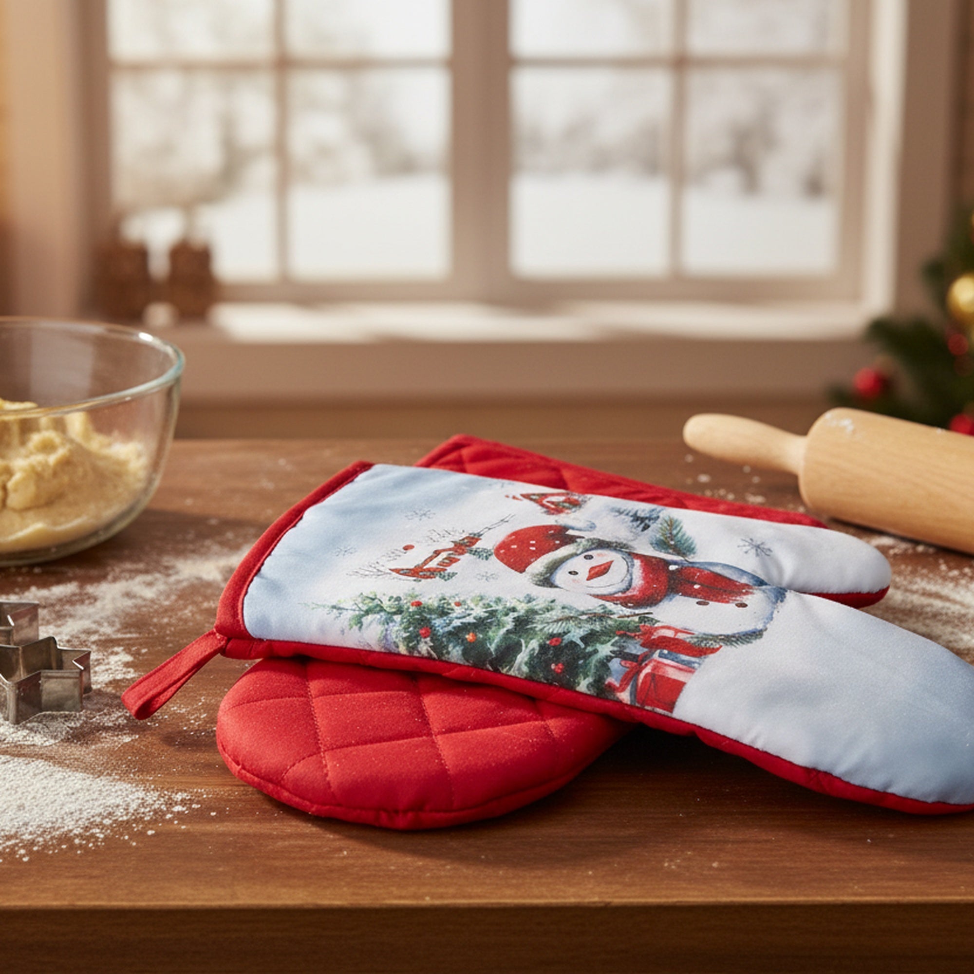 14" Oven Mitts 2 Piece Snowman with Tree, Christmas, Holiday Decor- Set of 2