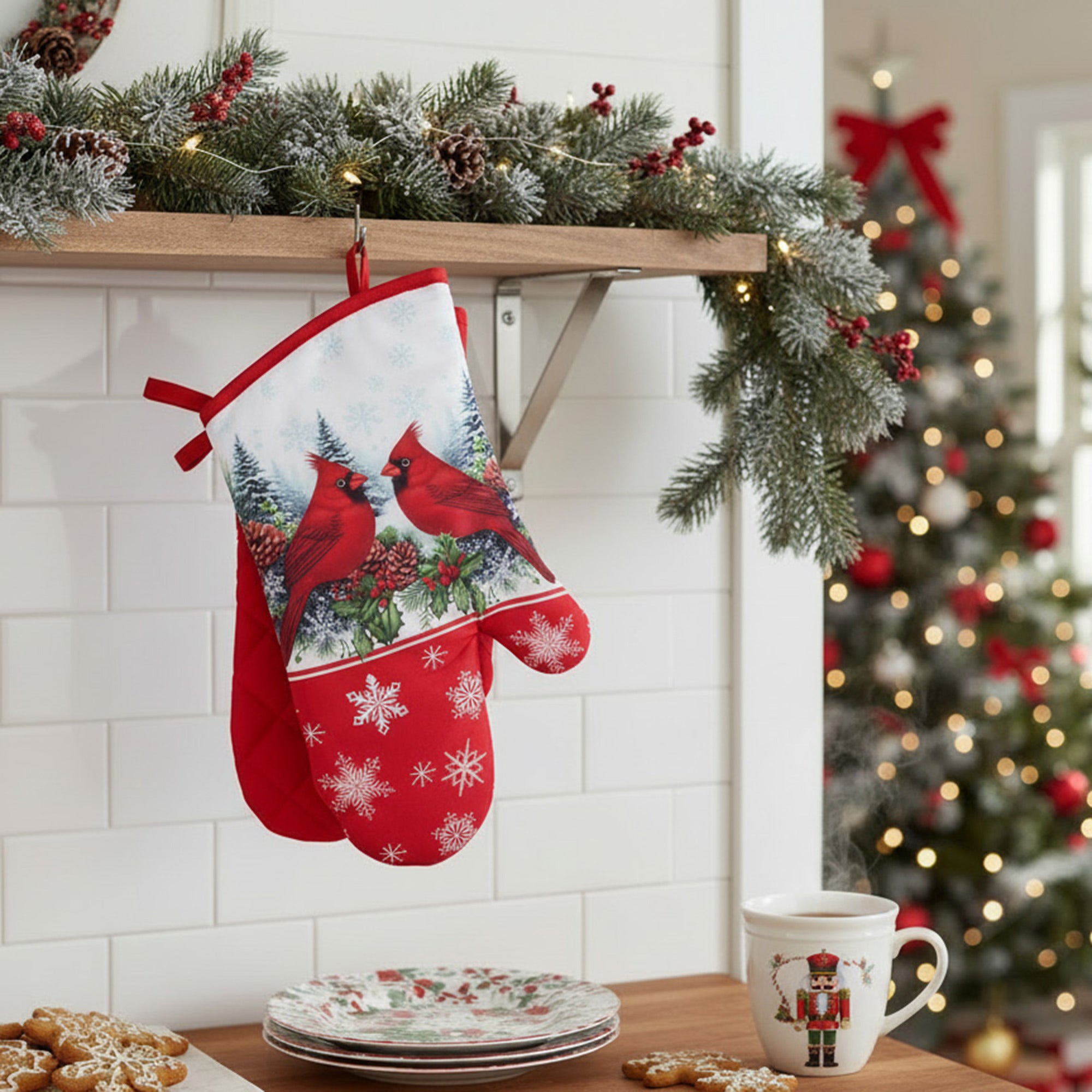 14" Oven Mitts 2 Piece Double Cardinal, Christmas, Holiday Decor- Set of 2