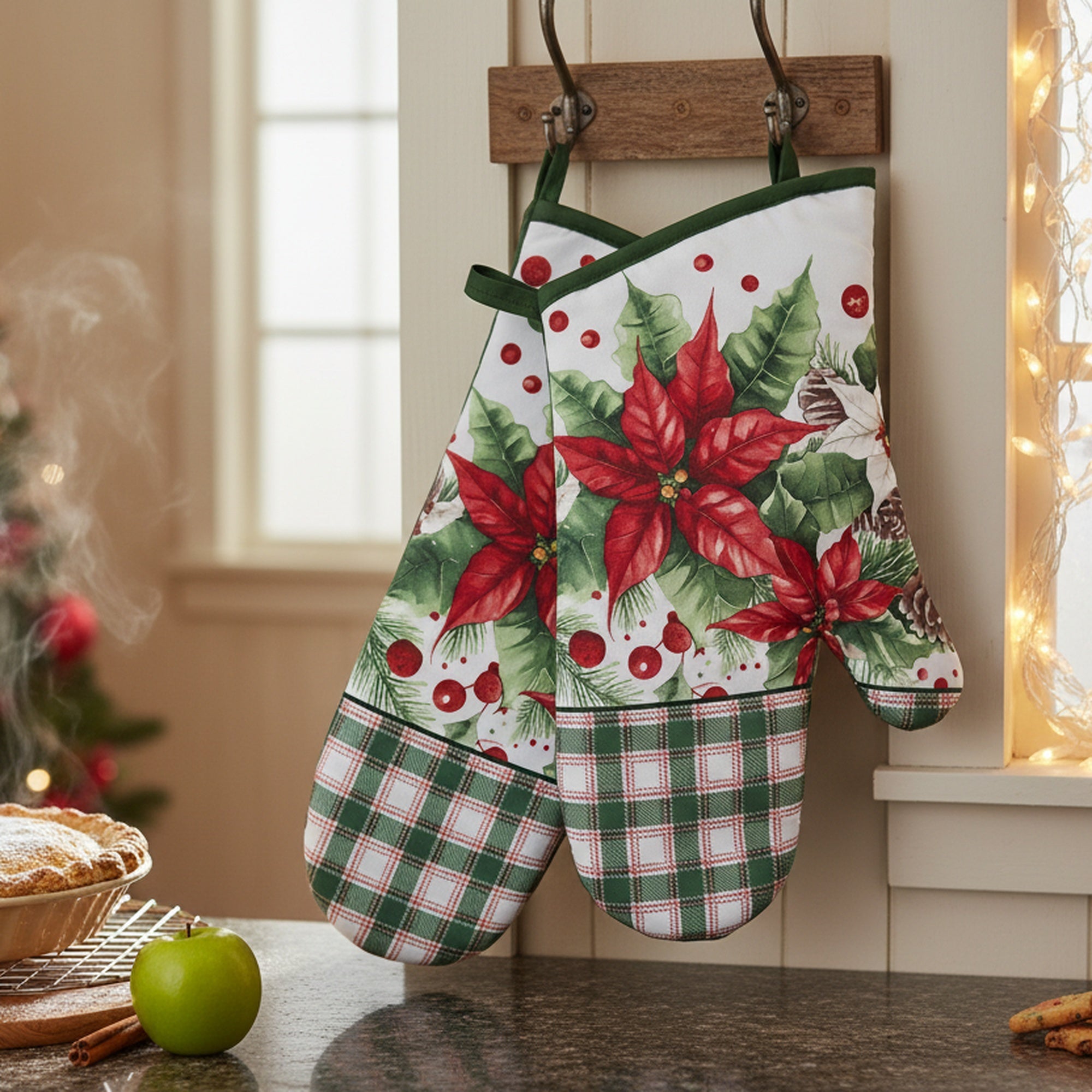 14" Oven Mitts 2 Piece Blooming Poinsettia, Christmas, Holiday Decor- Set of 2