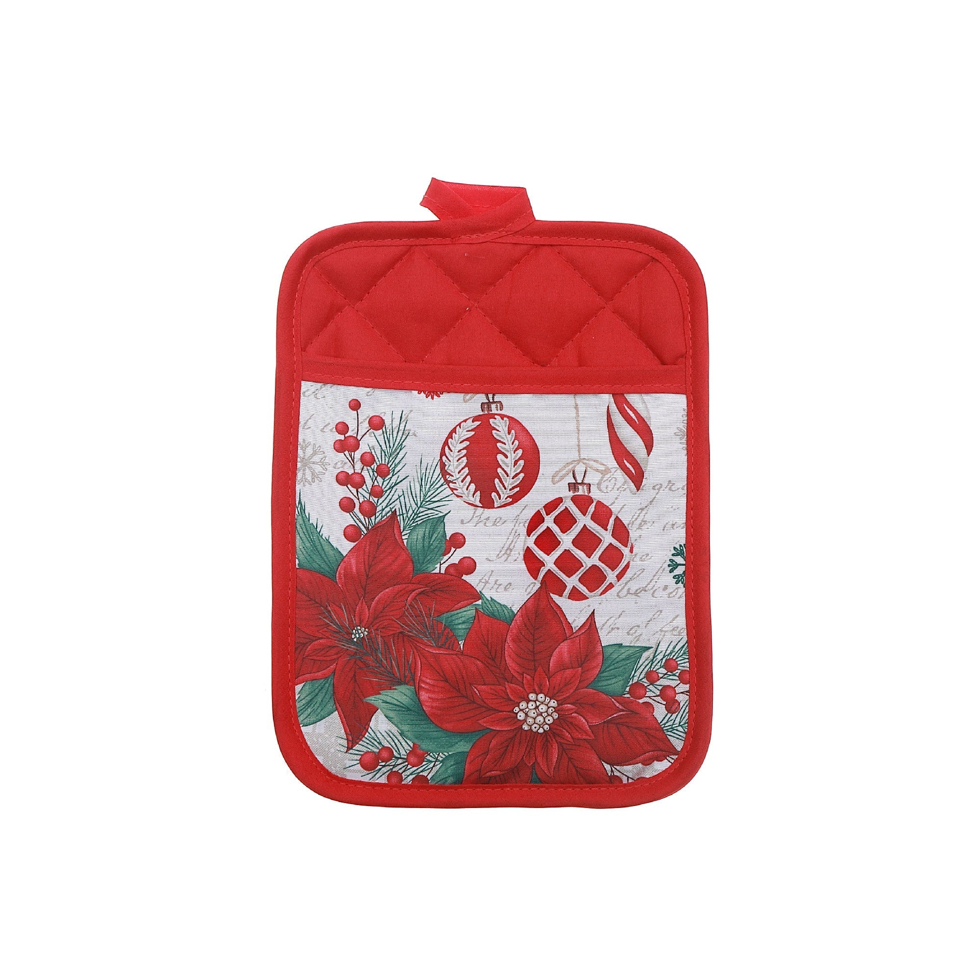 Pot Holder with Pocket Set of 6 Poinsettia with Ornaments – Christmas Kitchen Linens, Holiday Cooking Accessory, Festive Hot Pad